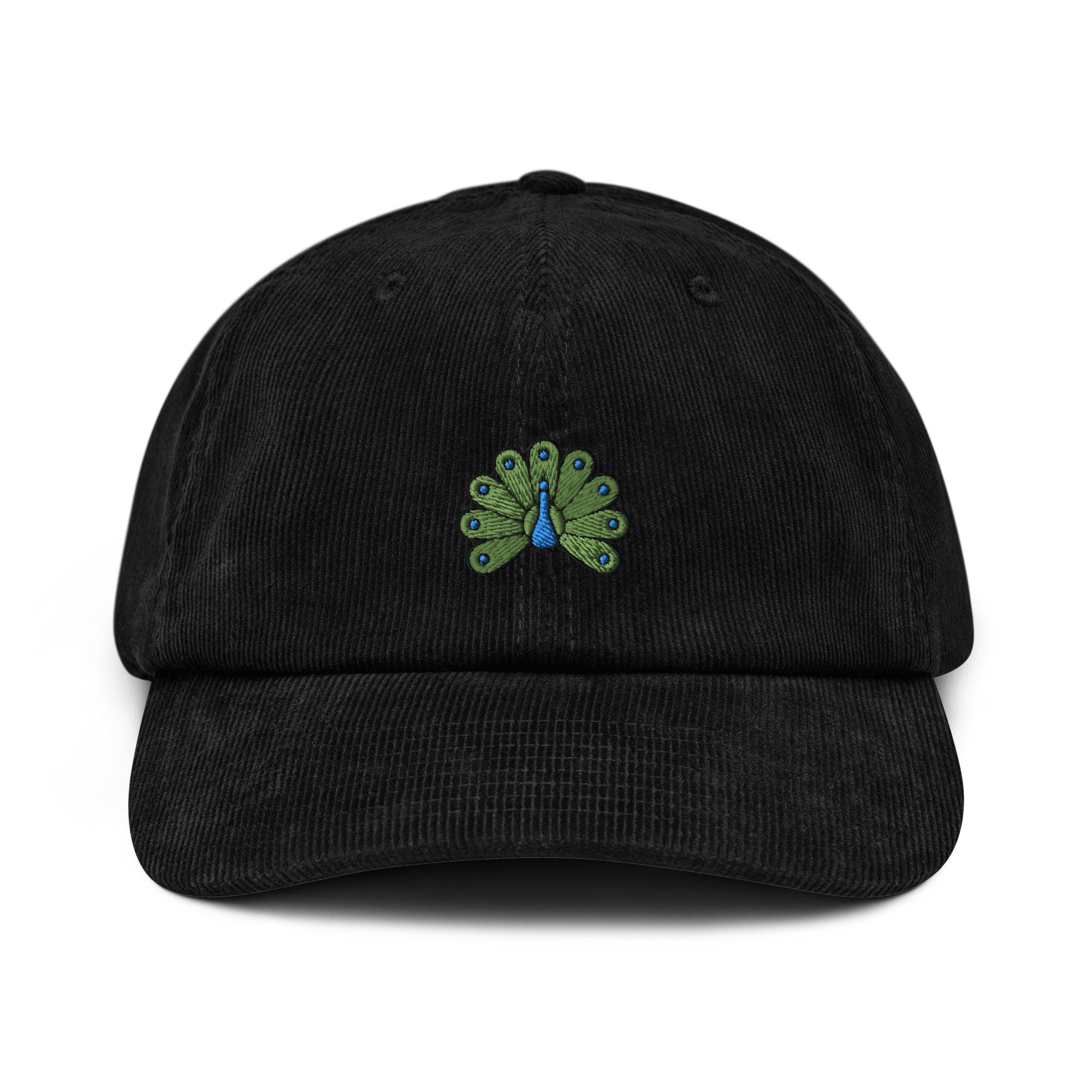 Peacock Corduroy Hat, Handmade Embroidered Corduroy Dad Cap - Multiple Colors