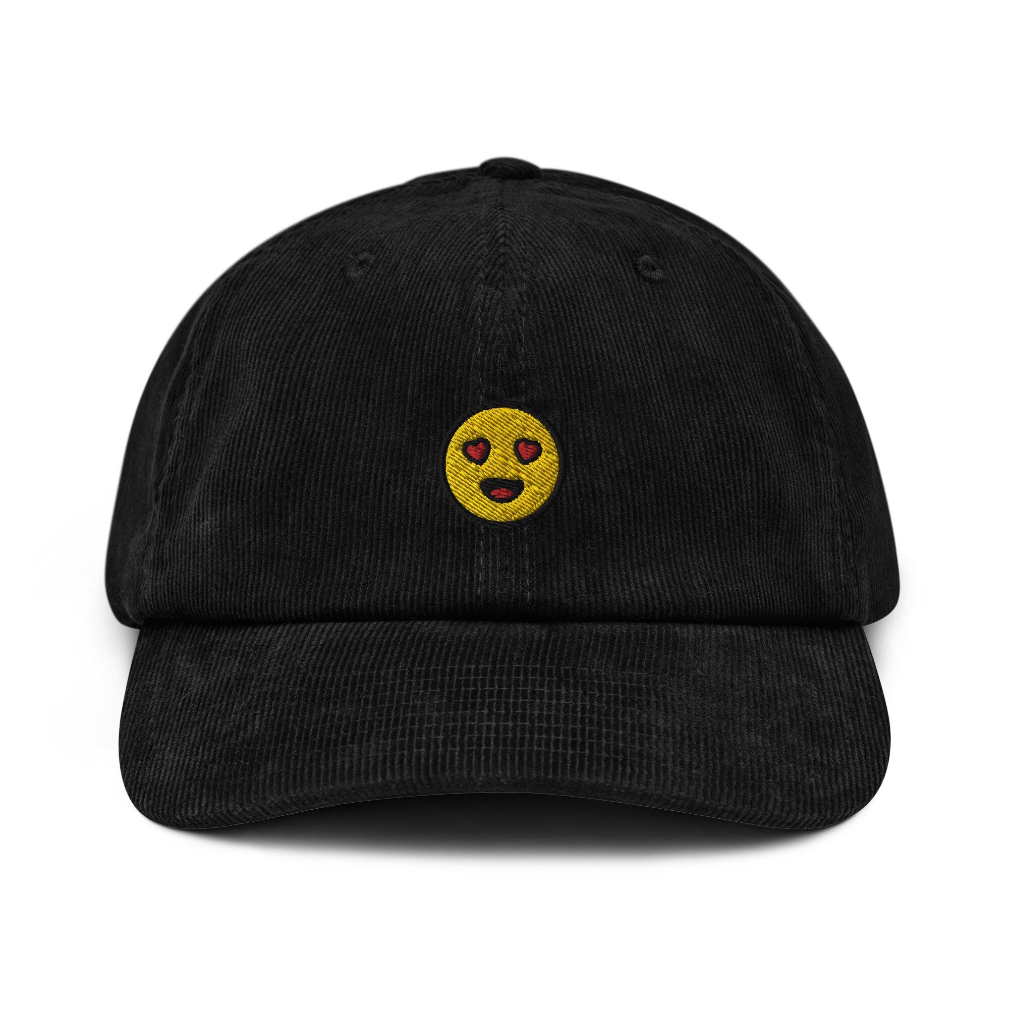 Heart Eyes Emoji Corduroy Hat, Handmade Embroidered Corduroy Dad Cap - Multiple Colors