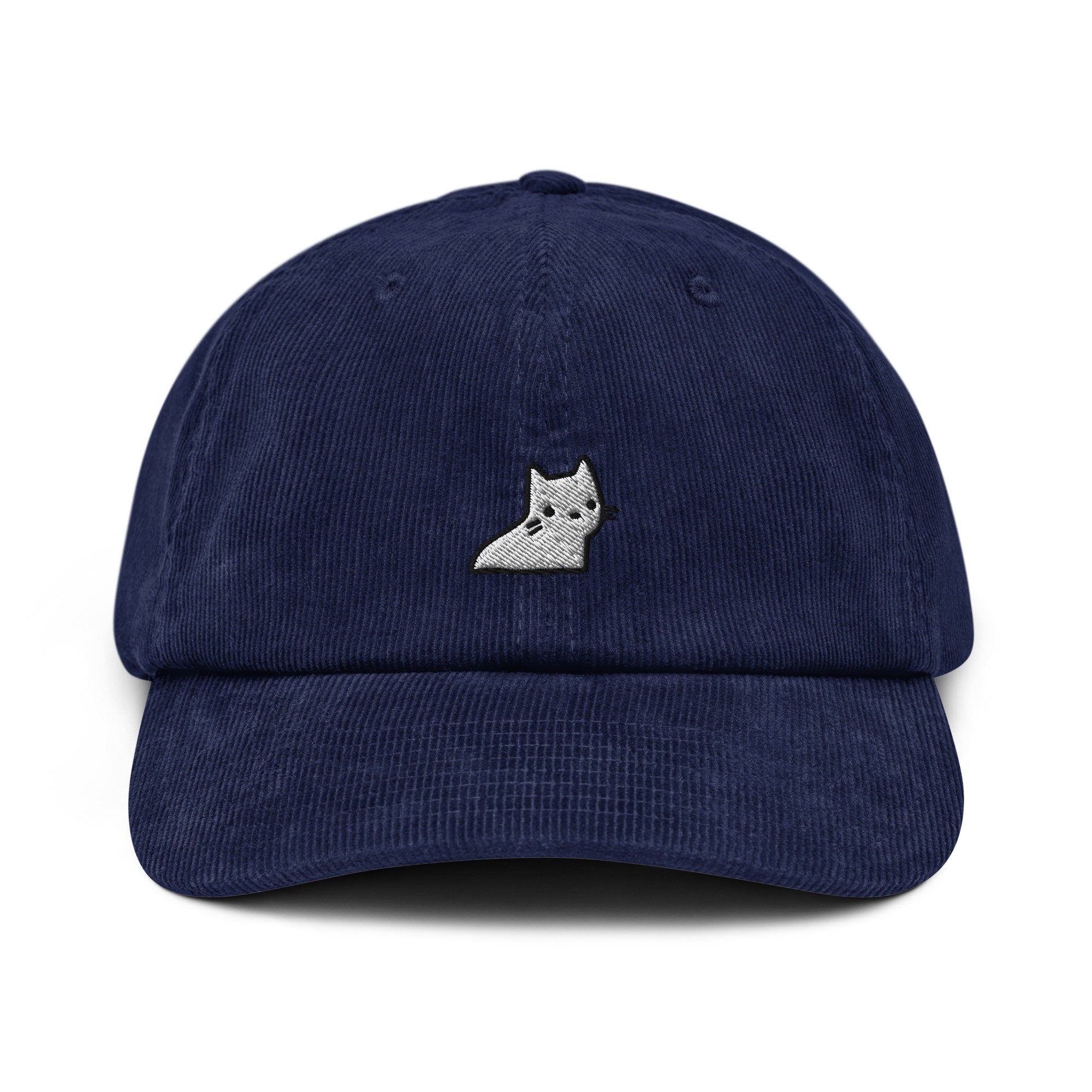 Ghost Cat Corduroy Hat, Handmade Embroidered Corduroy Dad Cap - Multiple Colors