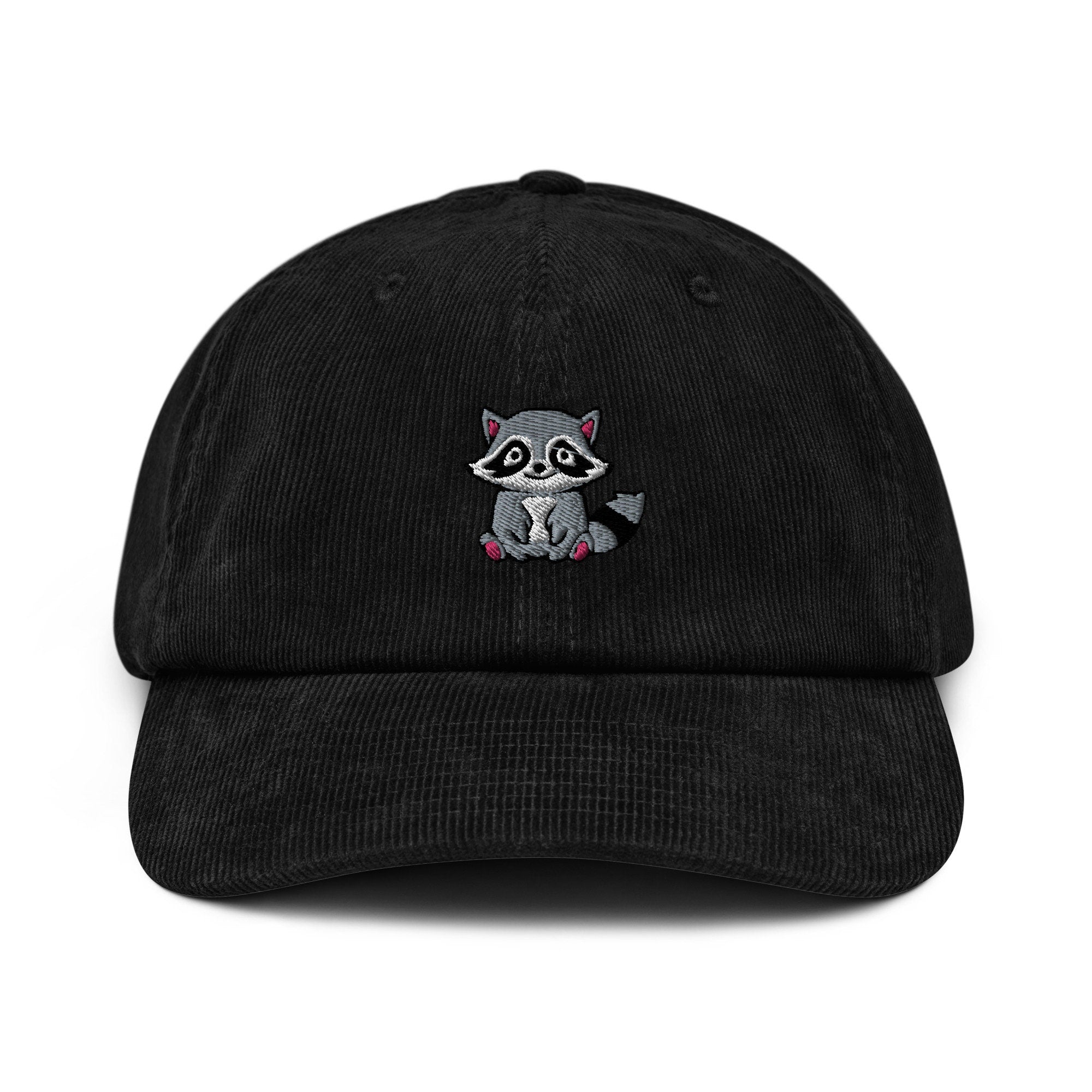 Raccoon Corduroy Hat, Handmade Embroidered Corduroy Dad Cap - Multiple Colors