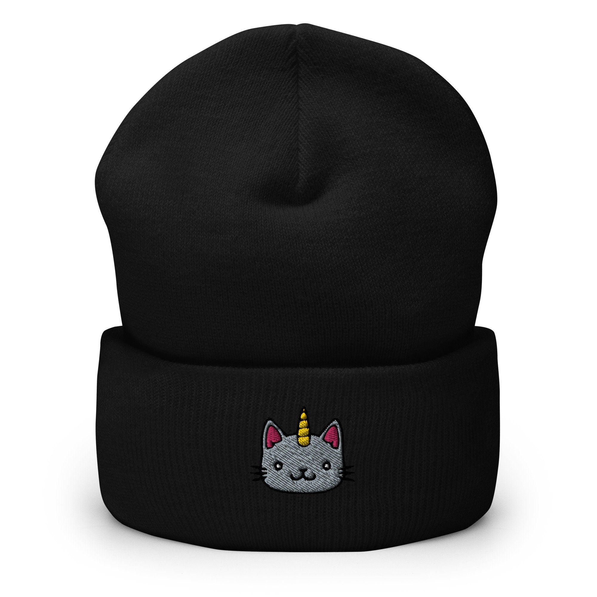 Unicorn Kitty Cat Embroidered Beanie, Handmade Cuffed Knit Unisex Slouchy Adult Winter Hat Cap Gift