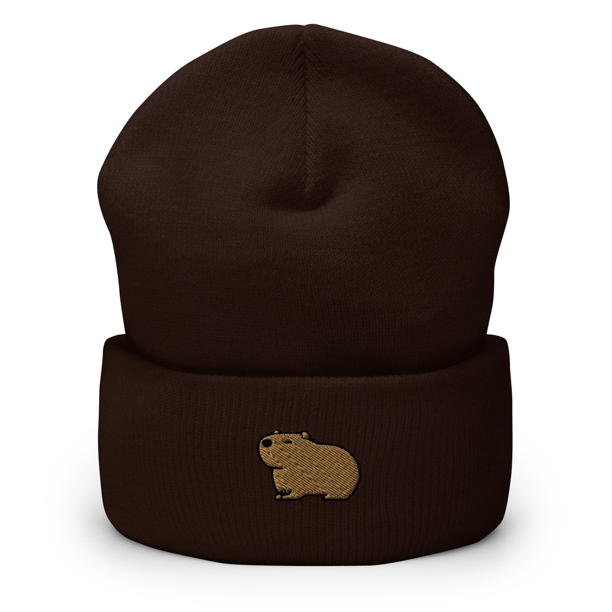 Capybara Embroidered Beanie, Handmade Cuffed Knit Unisex Slouchy Adult Winter Hat Cap Gift