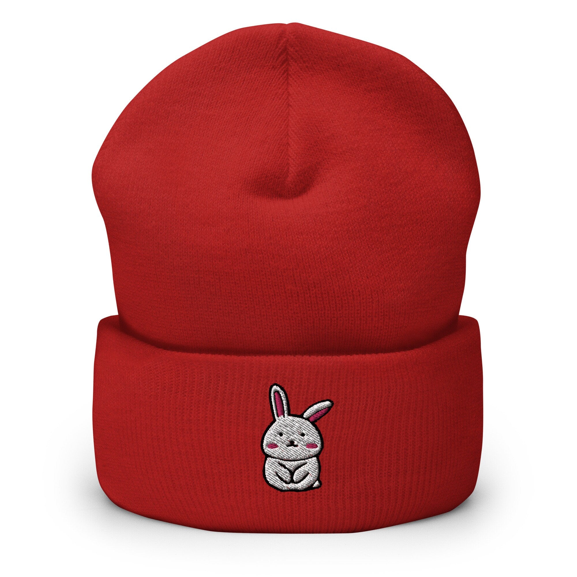 Cute Bunny Rabbit Embroidered Beanie, Handmade Cuffed Knit Unisex Slouchy Adult Winter Hat Cap Gift