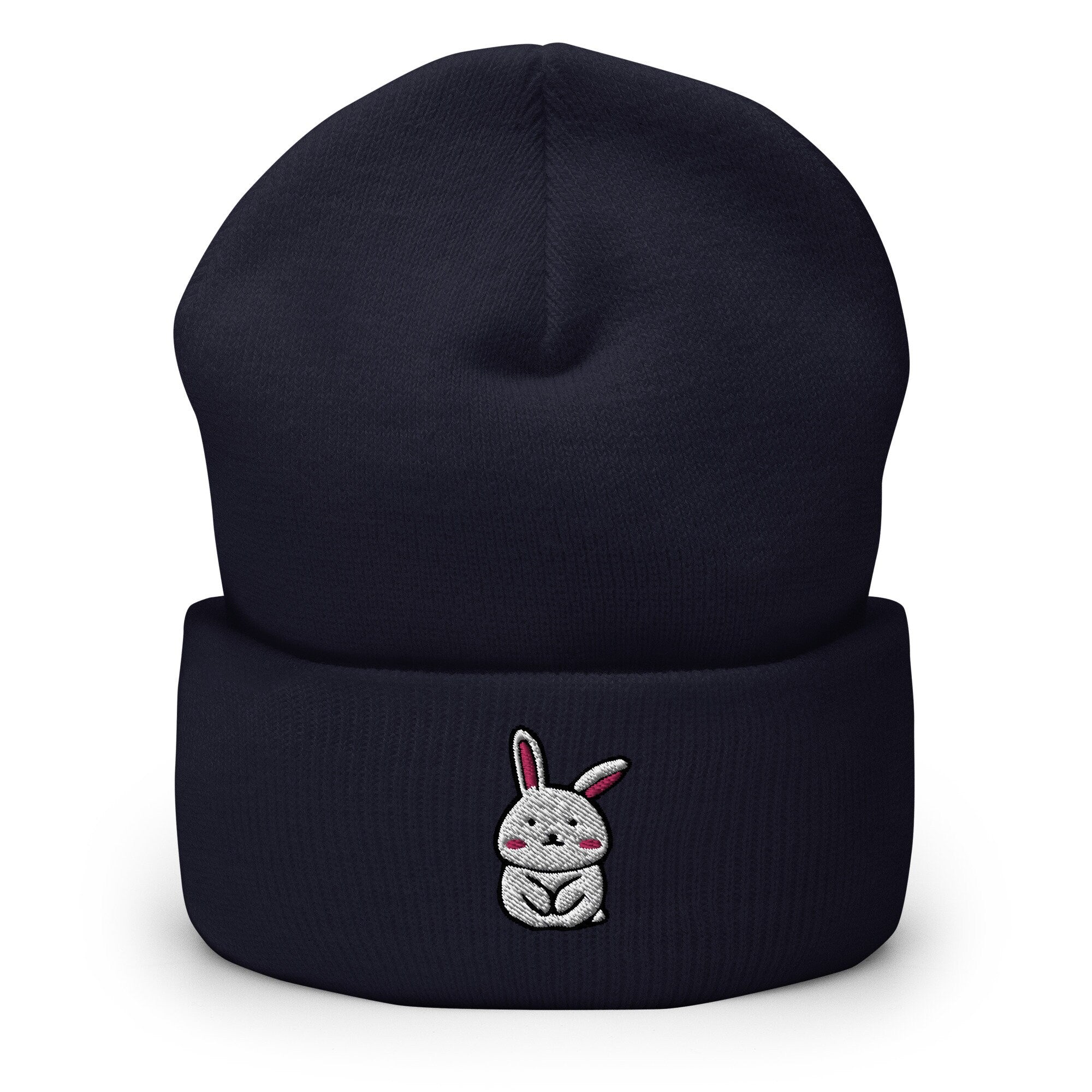 Cute Bunny Rabbit Embroidered Beanie, Handmade Cuffed Knit Unisex Slouchy Adult Winter Hat Cap Gift