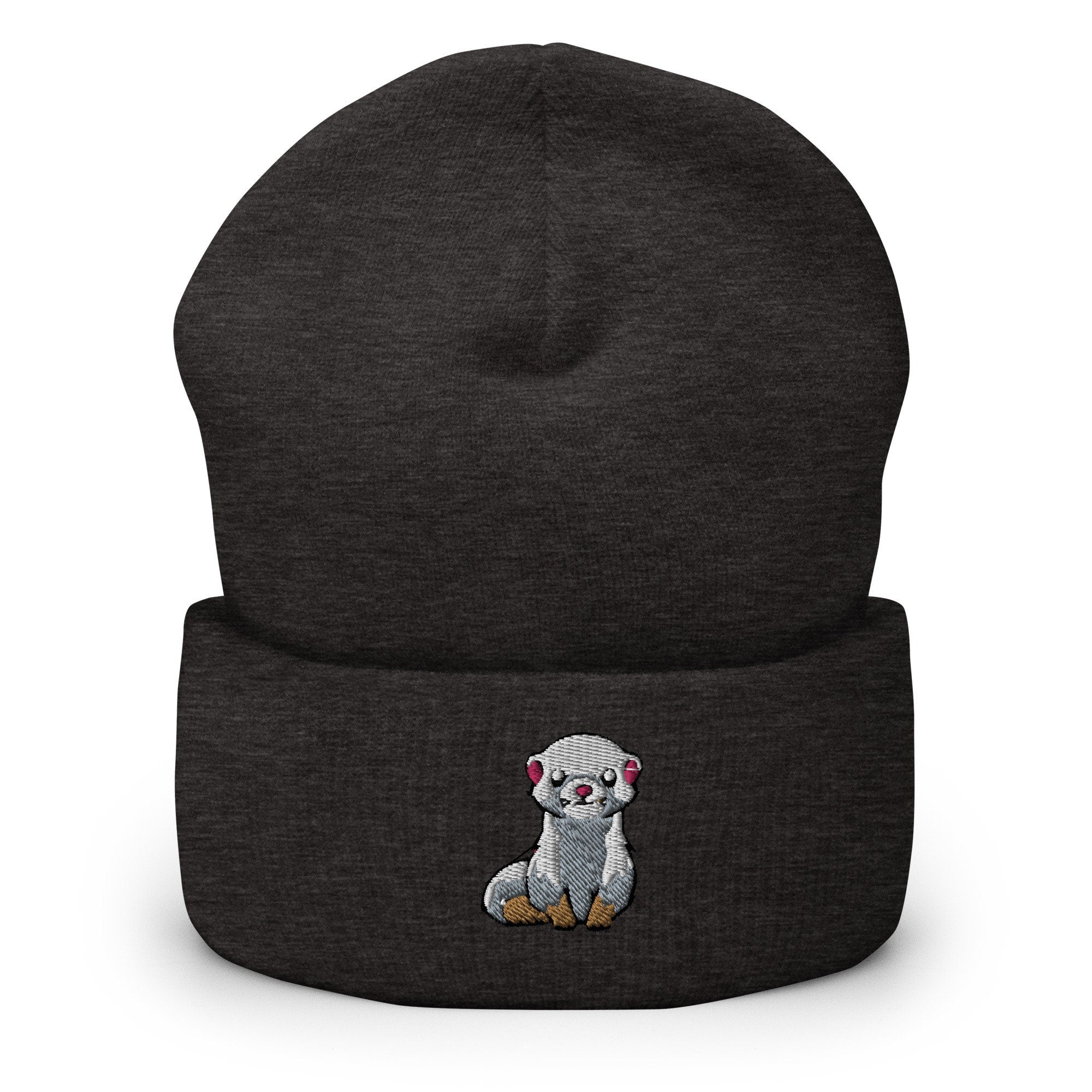 Ferret Embroidered Beanie, Handmade Cuffed Knit Unisex Slouchy Adult Winter Hat Cap Gift
