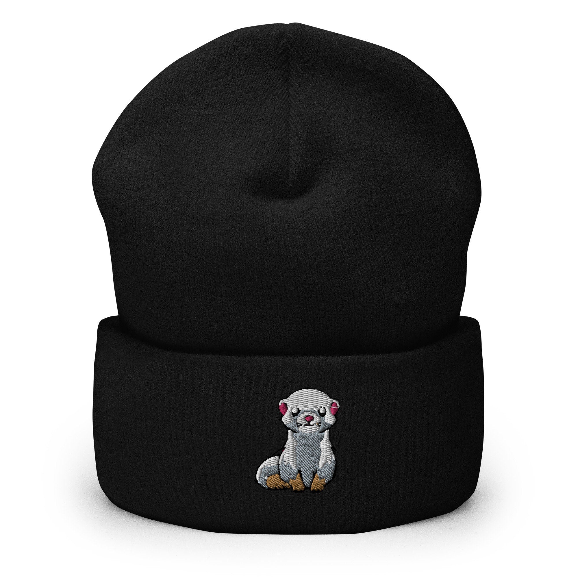 Ferret Embroidered Beanie, Handmade Cuffed Knit Unisex Slouchy Adult Winter Hat Cap Gift