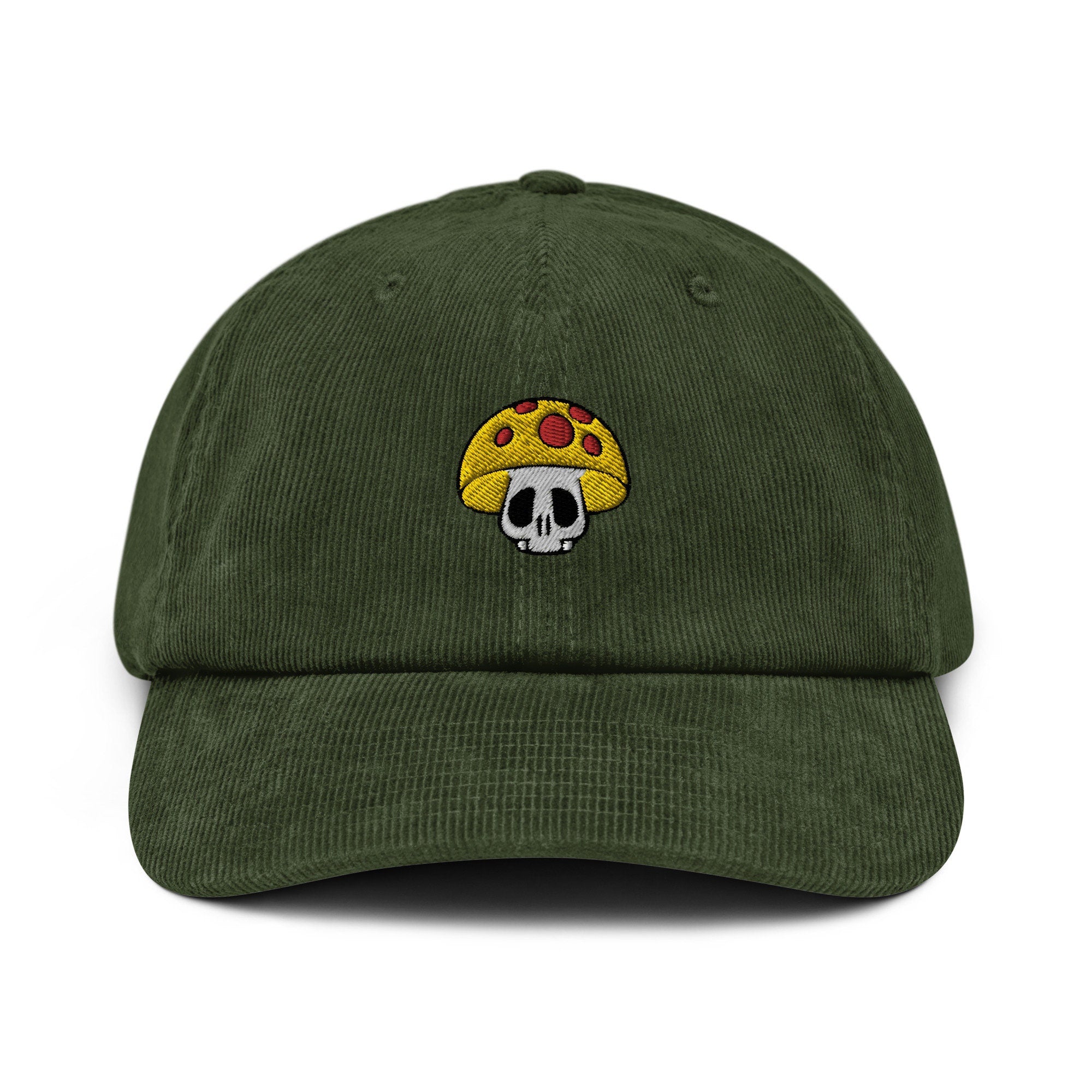 Skull Mushroom Corduroy Hat, Handmade Embroidered Corduroy Dad Cap - Multiple Colors