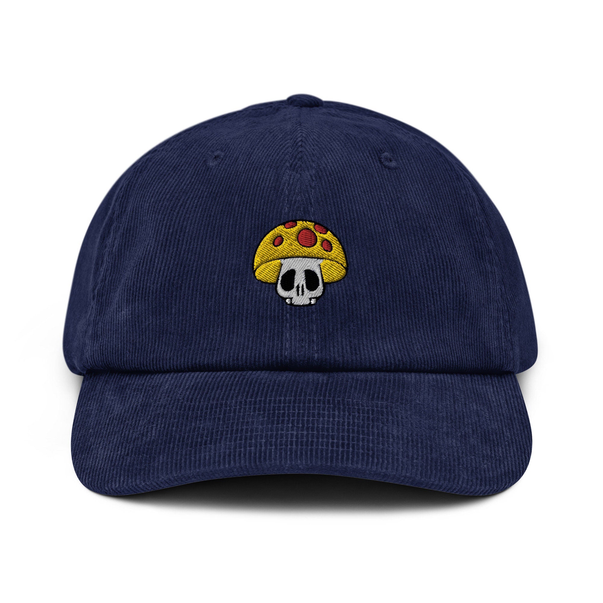 Skull Mushroom Corduroy Hat, Handmade Embroidered Corduroy Dad Cap - Multiple Colors