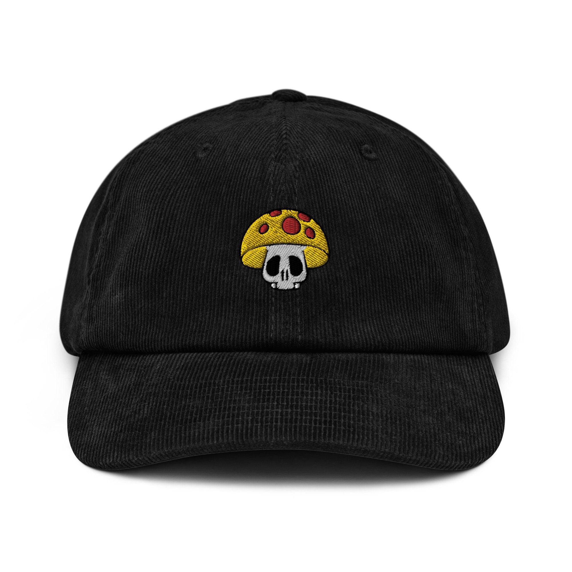 Skull Mushroom Corduroy Hat, Handmade Embroidered Corduroy Dad Cap - Multiple Colors