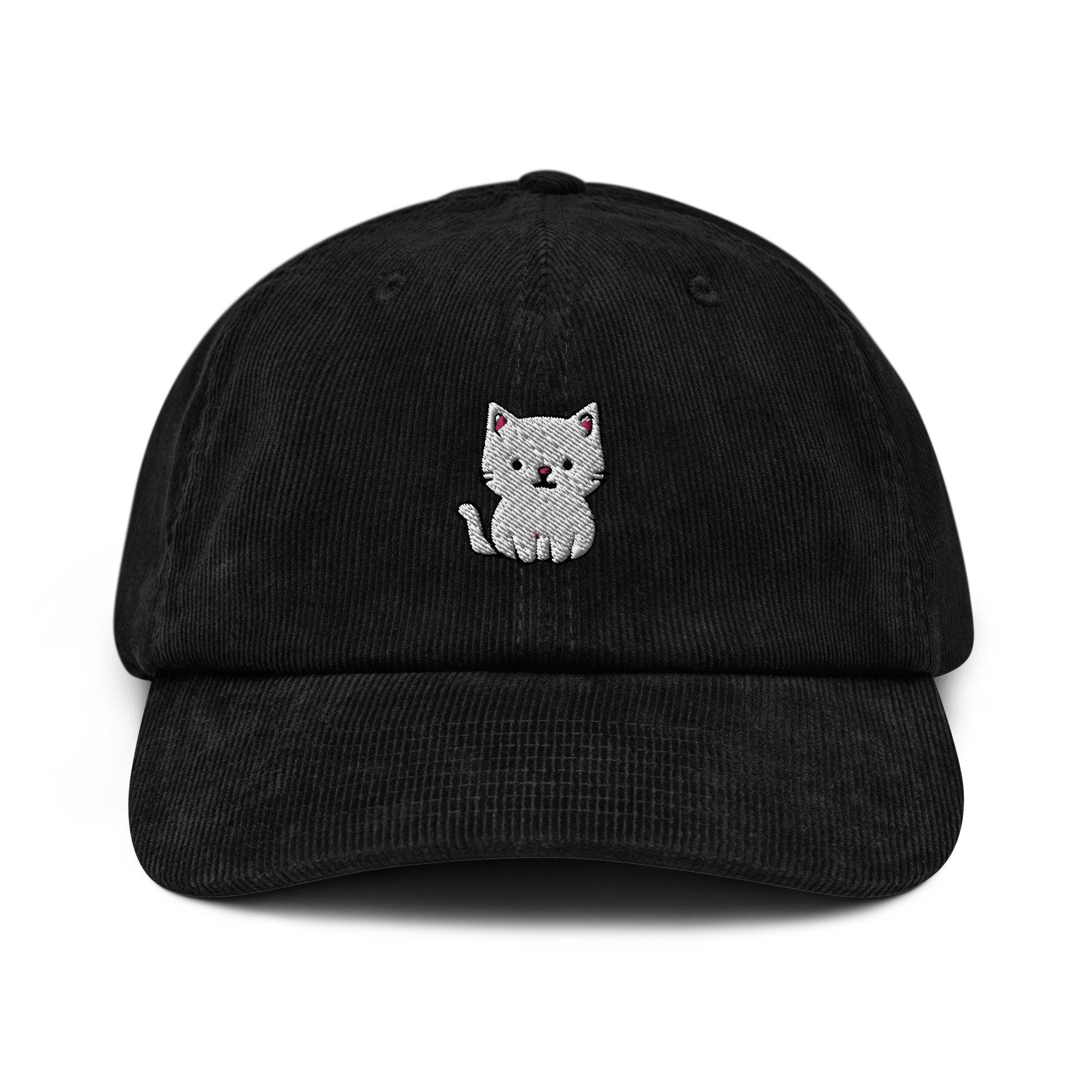 White Kitty Cat Kitten Embroidered Corduroy Dad Hat, Handmade Corduroy Baseball Cap Gift - Multiple Colors