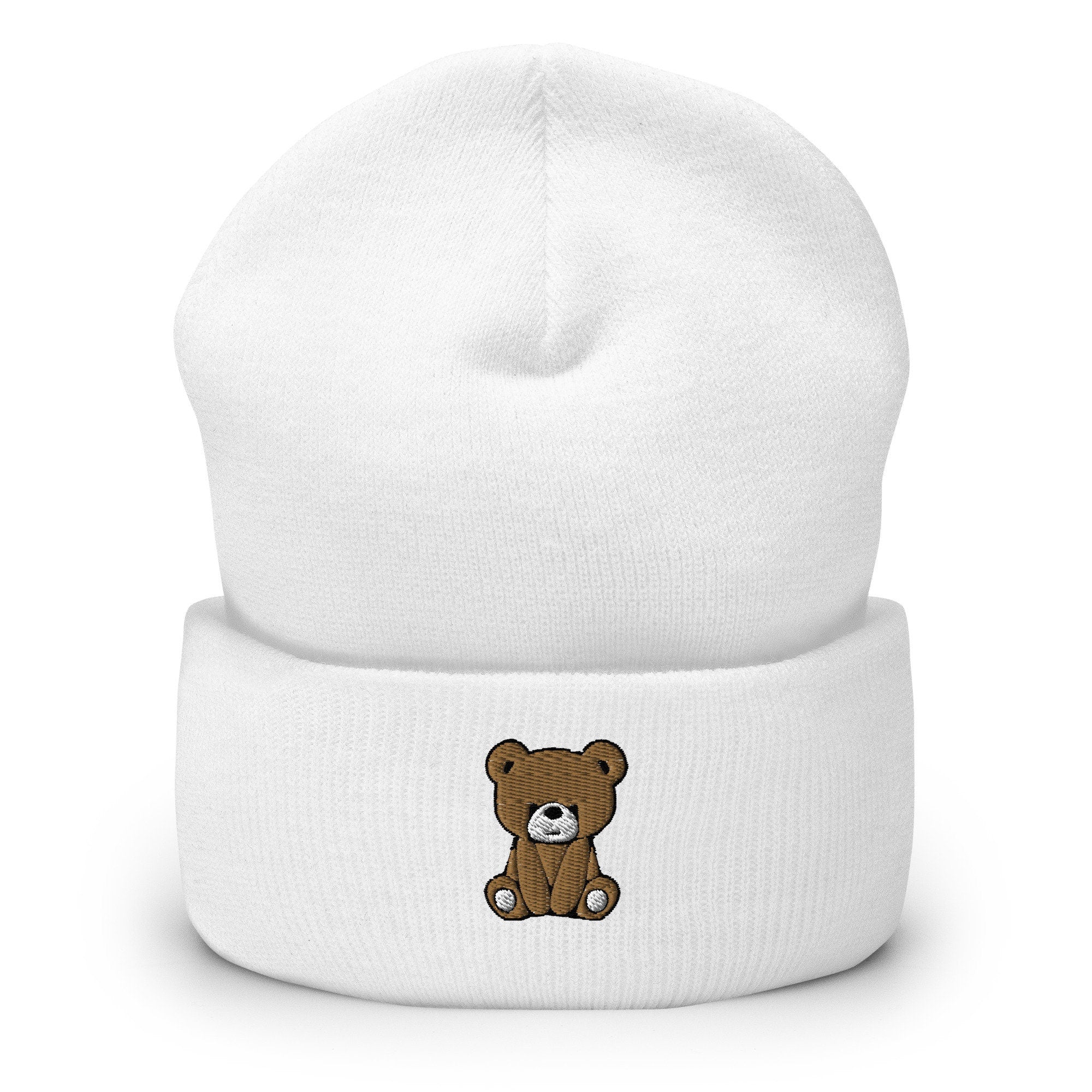 Teddy Bear Embroidered Beanie, Cute Handmade Cuffed Knit Unisex Slouchy Adult Winter Hat Cap Gift