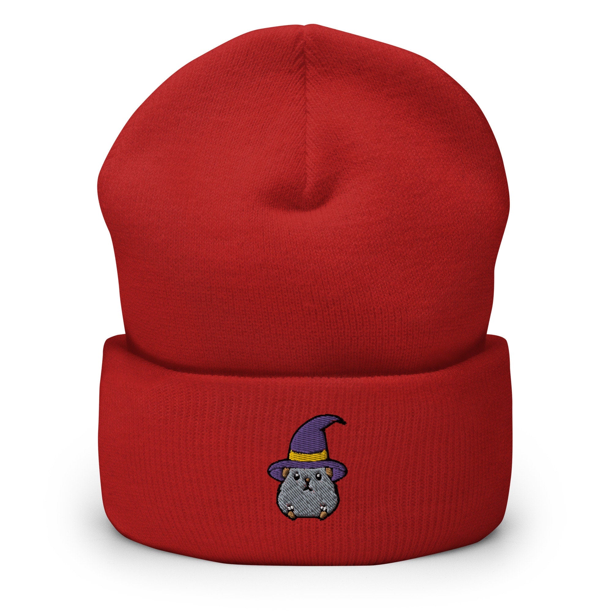 Wizard Hamster Embroidered Beanie, Handmade Cuffed Knit Unisex Slouchy Adult Winter Hat Cap Gift