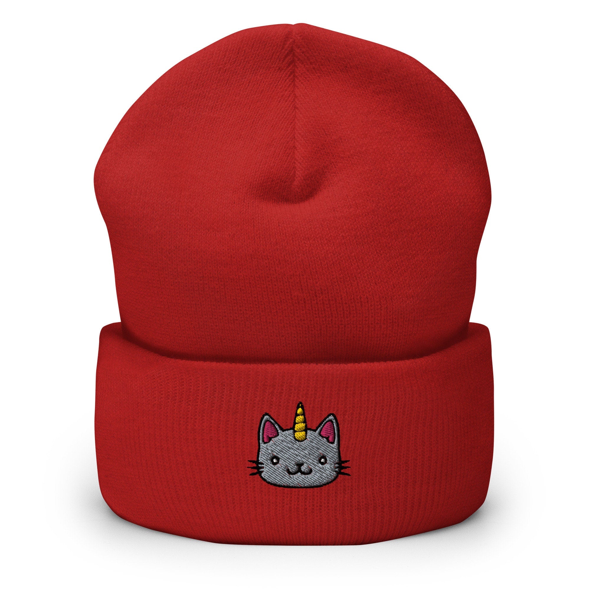 Unicorn Kitty Cat Embroidered Beanie, Handmade Cuffed Knit Unisex Slouchy Adult Winter Hat Cap Gift