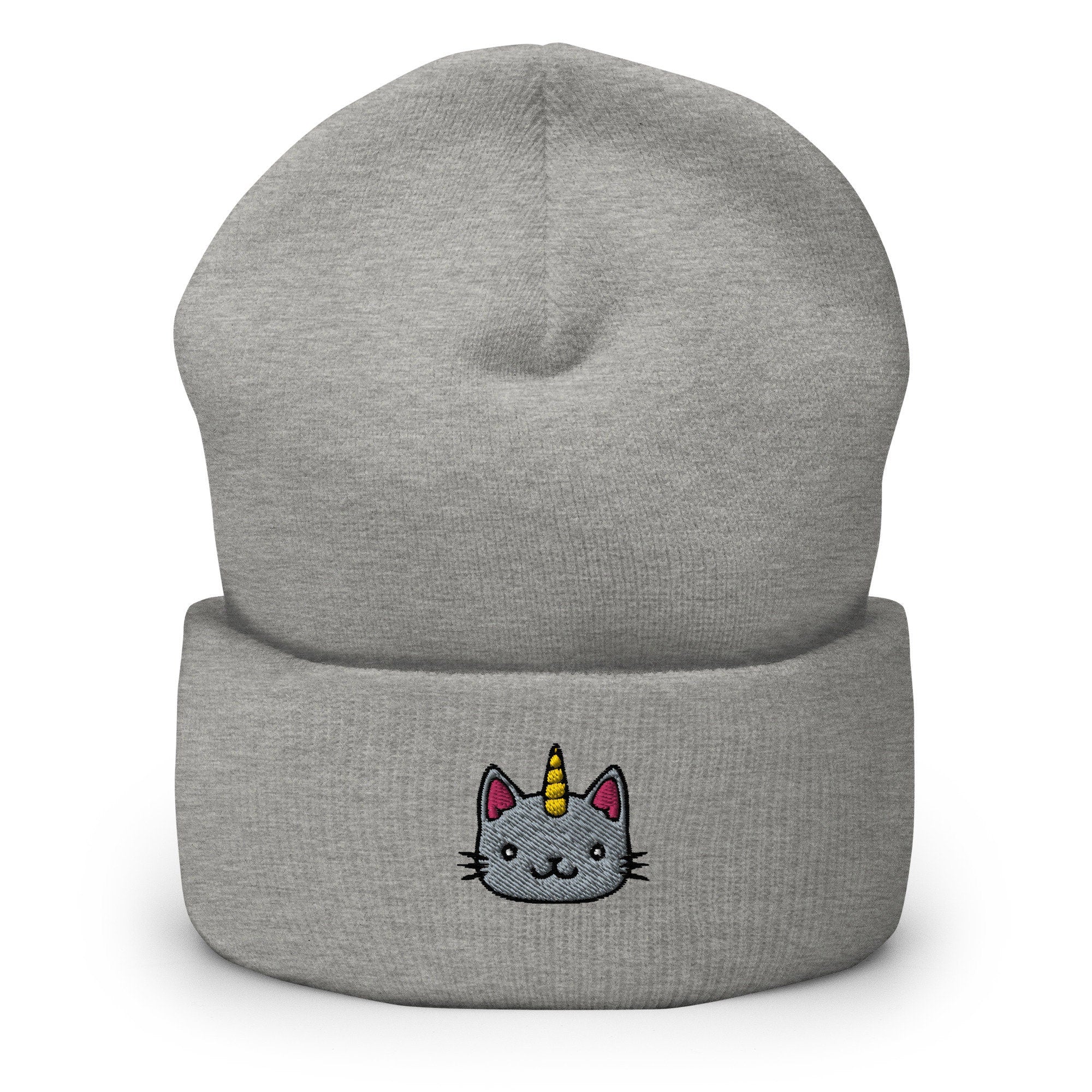 Unicorn Kitty Cat Embroidered Beanie, Handmade Cuffed Knit Unisex Slouchy Adult Winter Hat Cap Gift