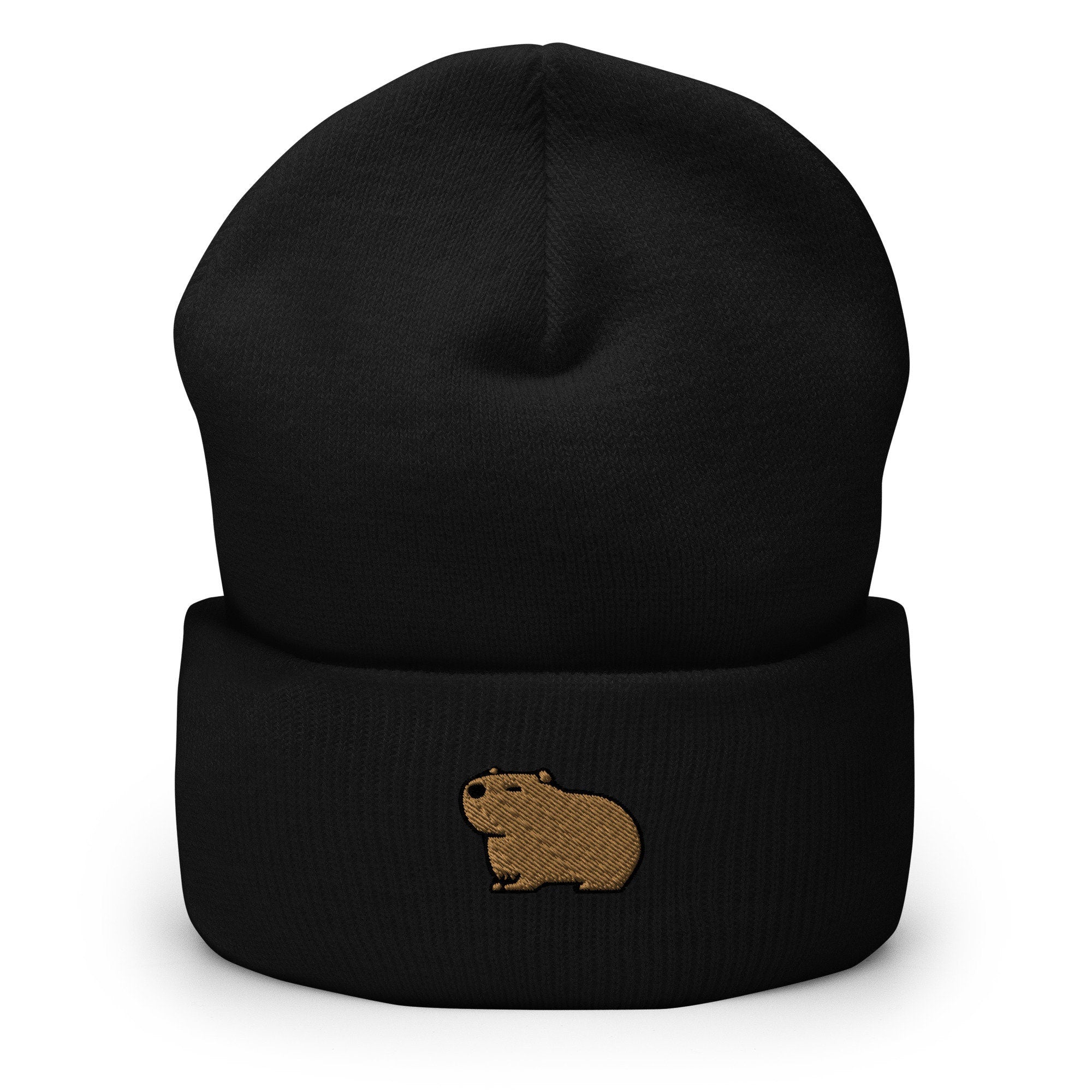 Capybara Embroidered Beanie, Handmade Cuffed Knit Unisex Slouchy Adult Winter Hat Cap Gift