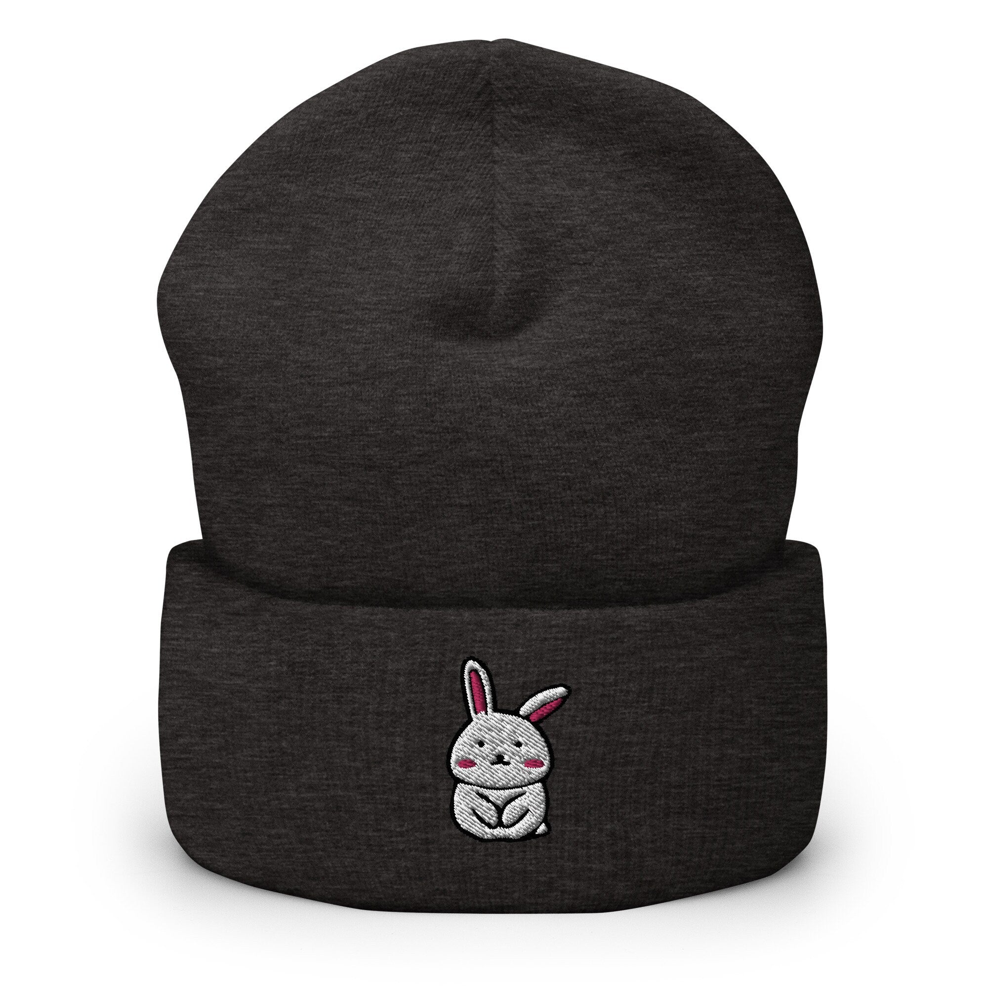 Cute Bunny Rabbit Embroidered Beanie, Handmade Cuffed Knit Unisex Slouchy Adult Winter Hat Cap Gift