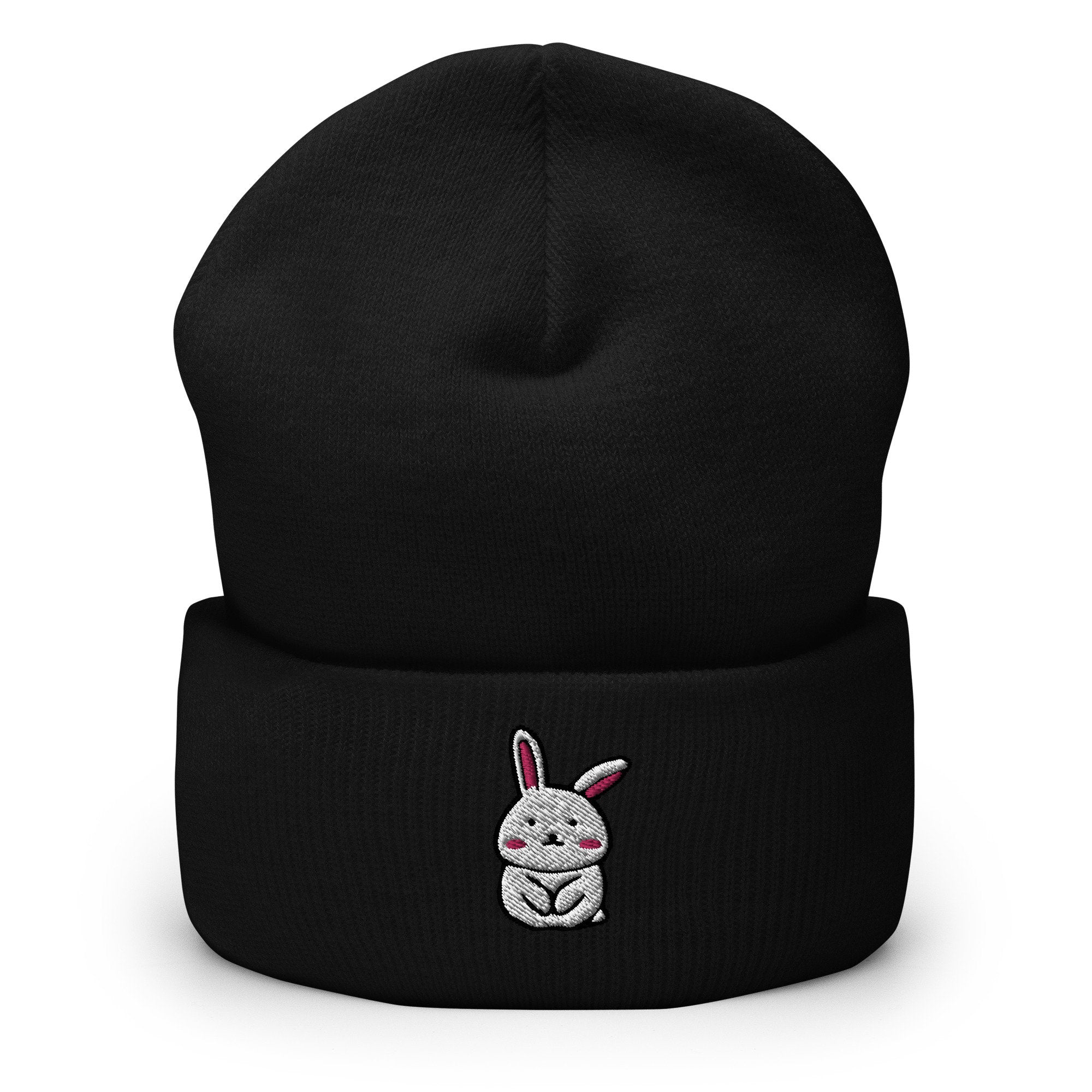 Cute Bunny Rabbit Embroidered Beanie, Handmade Cuffed Knit Unisex Slouchy Adult Winter Hat Cap Gift