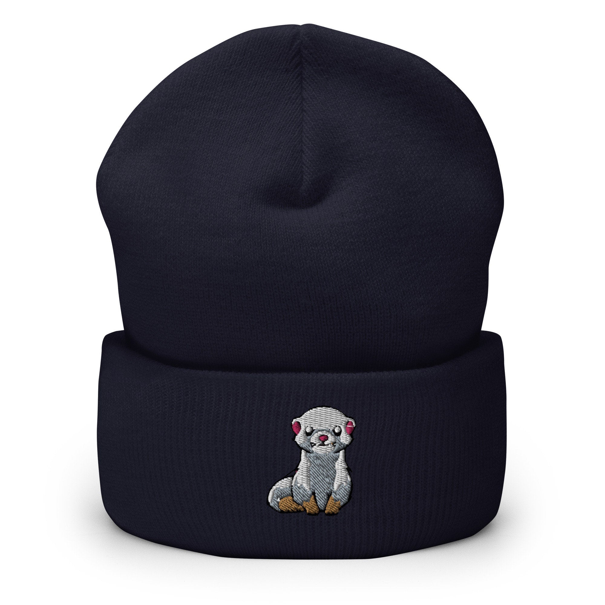 Ferret Embroidered Beanie, Handmade Cuffed Knit Unisex Slouchy Adult Winter Hat Cap Gift