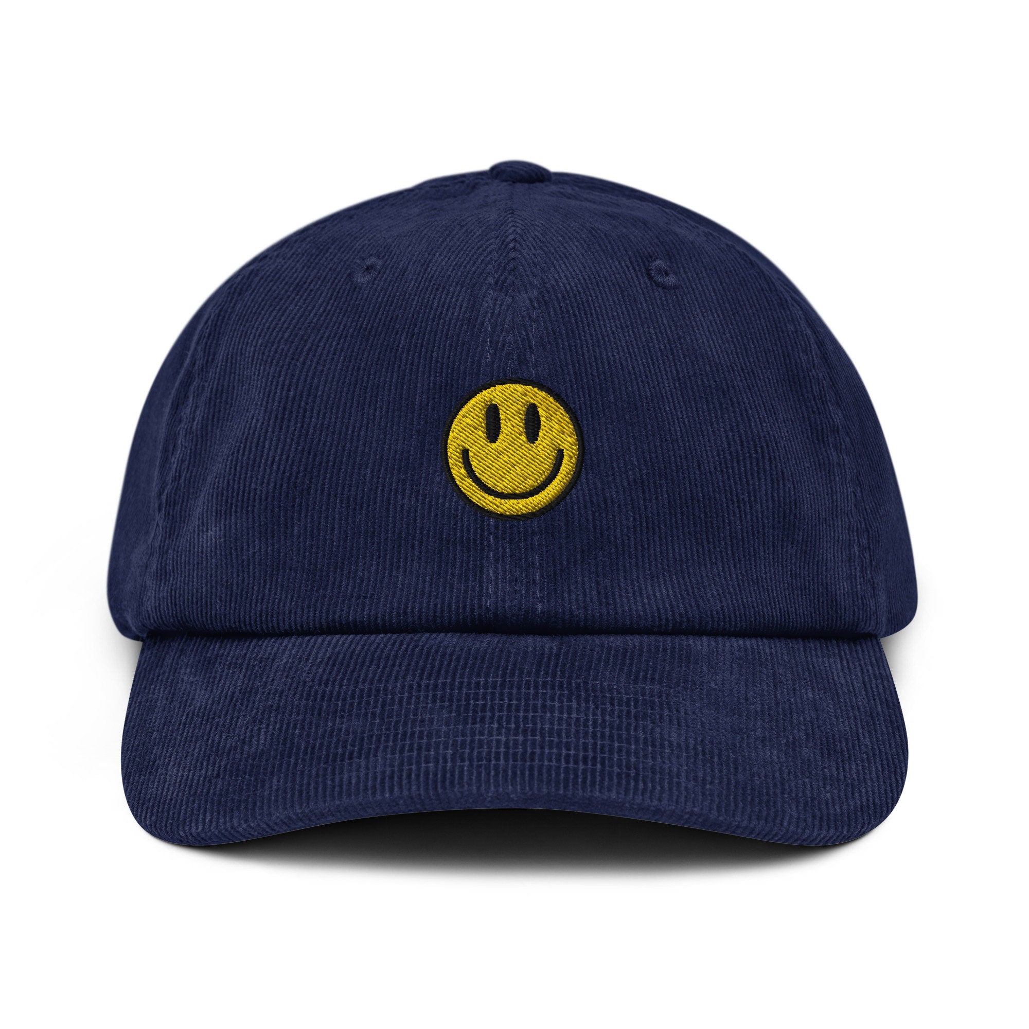 Smiley Face Corduroy Hat, Handmade Embroidered Corduroy Dad Cap - Multiple Colors