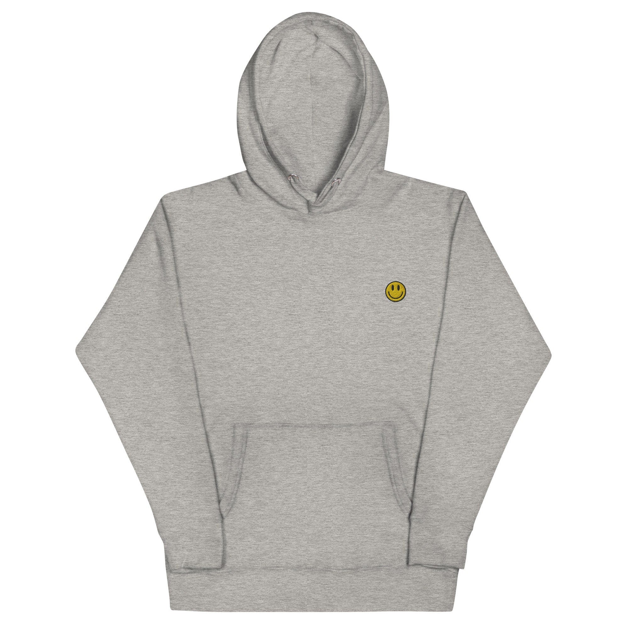 Smiley Face Unisex Hoodie, Handmade Embroidered Hoodie, Premium Hooded Sweater, Hoodie Embroidery - Multiple Colors