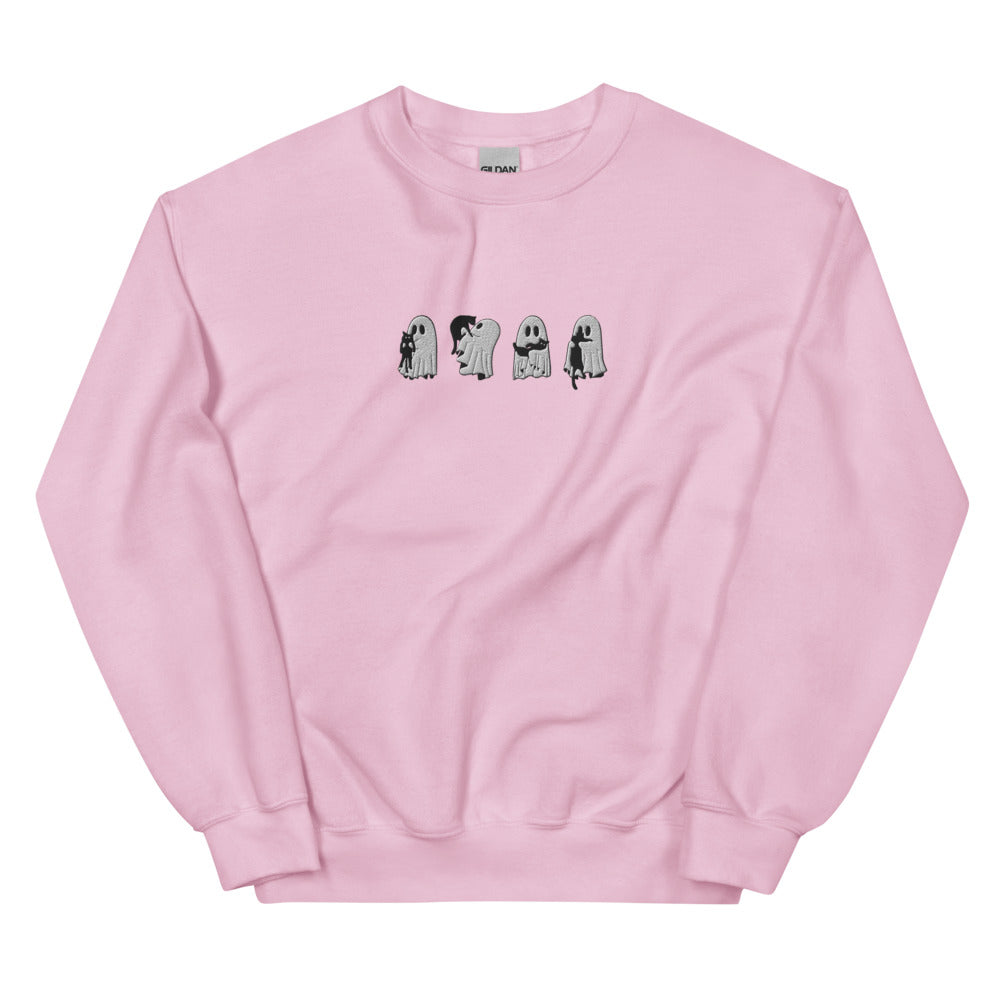Embroidered Ghost Black Cats Sweatshirt, Embroidered Ghost Cats, Ghost With Black Cats Sweater, Halloween Embroidery, Spooky Season