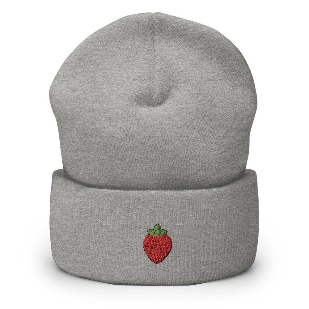 Strawberry Embroidered Beanie, Handmade Cuffed Knit Unisex Slouchy Adult Winter Hat Cap Gift