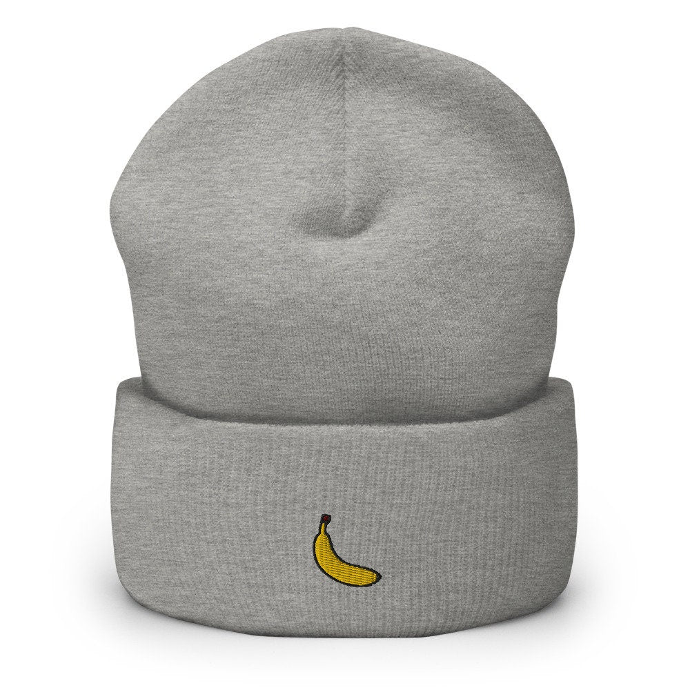 Banana Fruit Embroidered Beanie, Handmade Cuffed Knit Unisex Slouchy Adult Winter Hat Cap Gift