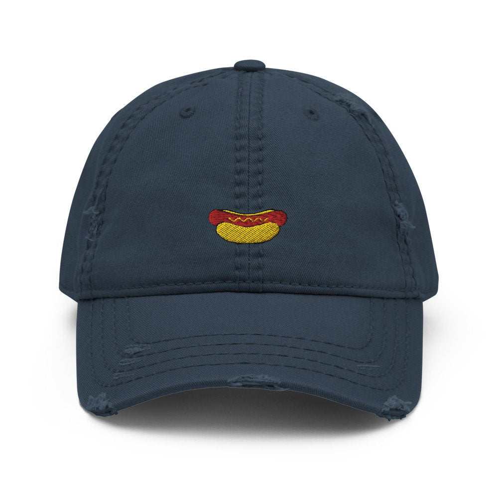 Hot Dog Embroidered Distressed Embroidered Dad Hat, Frayed Cap Gift