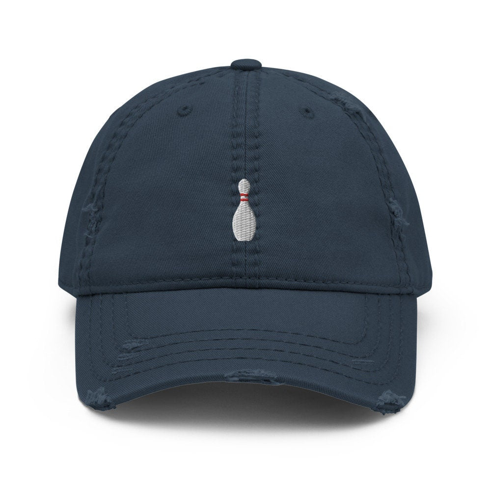 Bowling Pin Embroidered Distressed Embroidered Dad Hat, Frayed Cap Gift