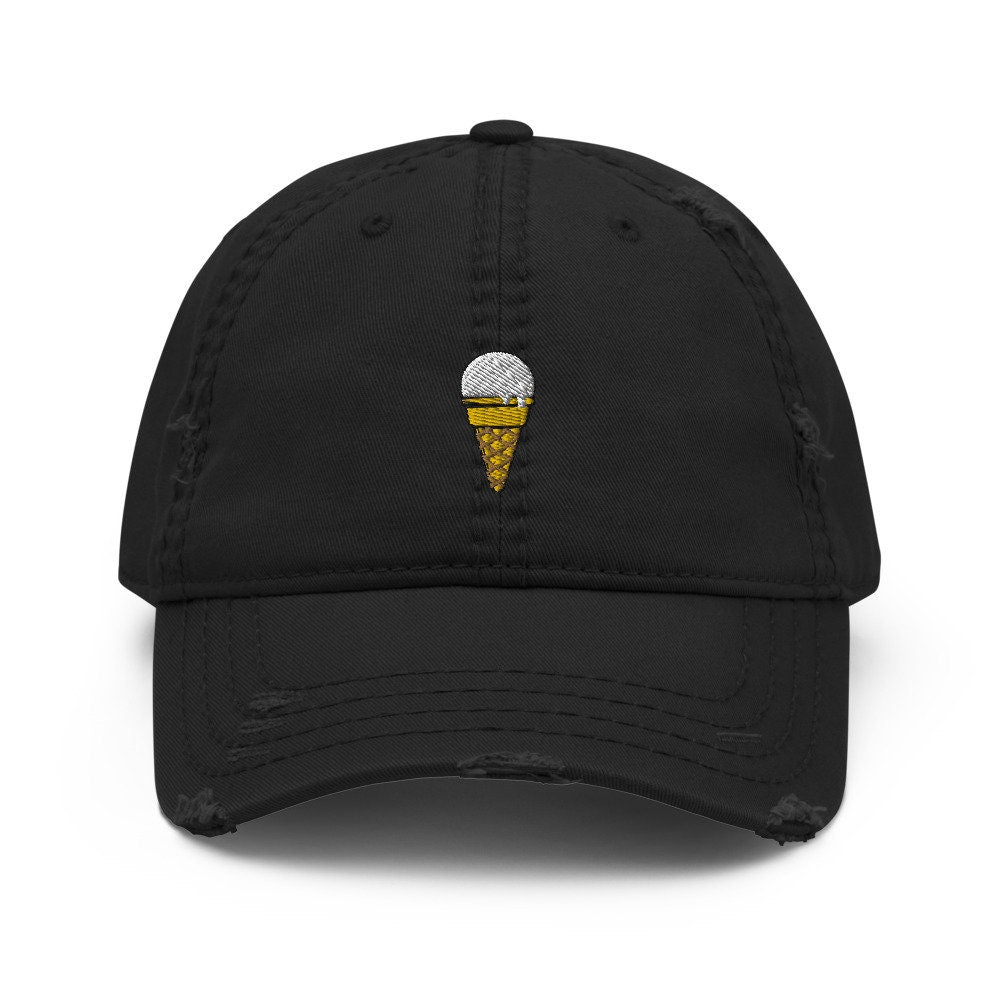 Vanilla Ice Cream Cone Embroidered Distressed Embroidered Dad Hat, Frayed Cap Gift