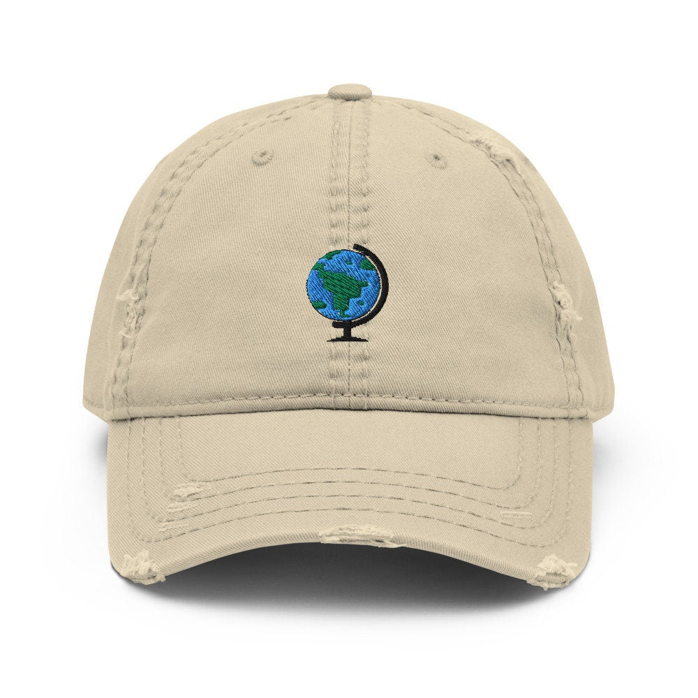 Planet Earth Globe Embroidered Distressed Embroidered Dad Hat, Frayed Cap Gift