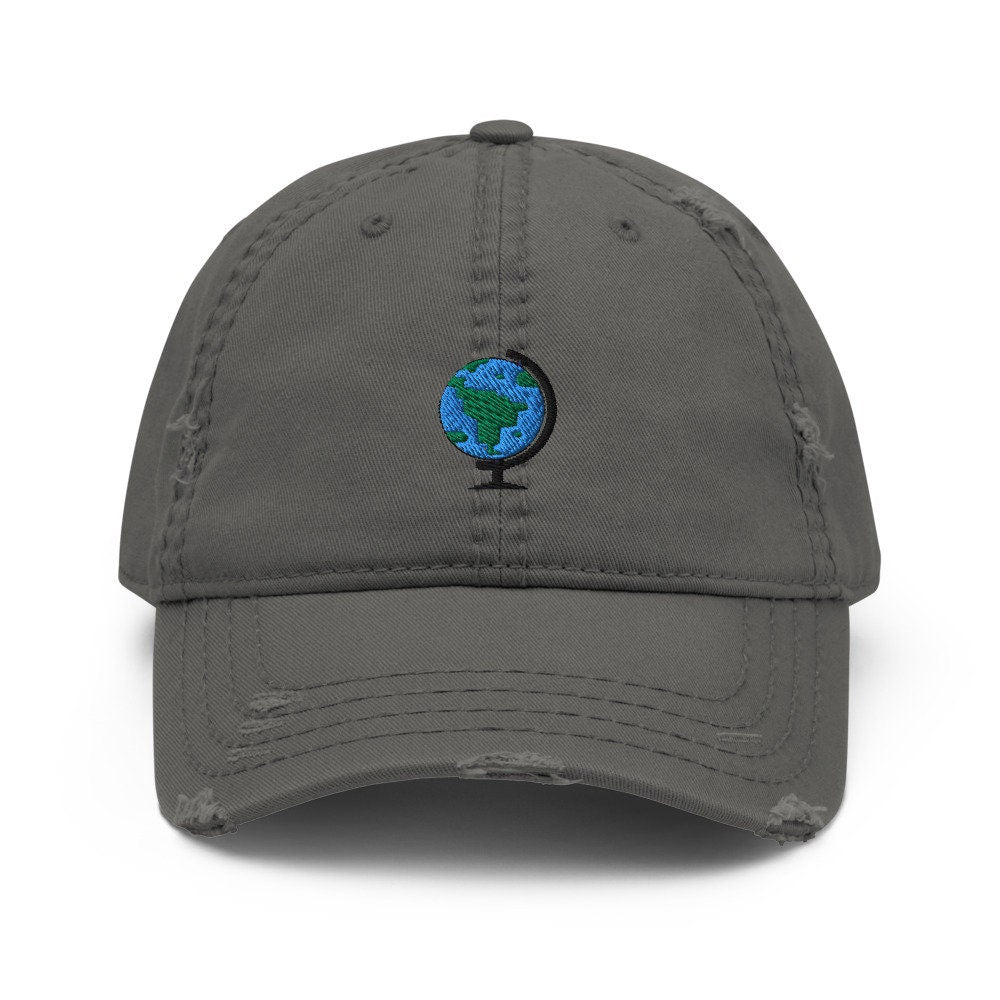 Planet Earth Globe Embroidered Distressed Embroidered Dad Hat, Frayed Cap Gift