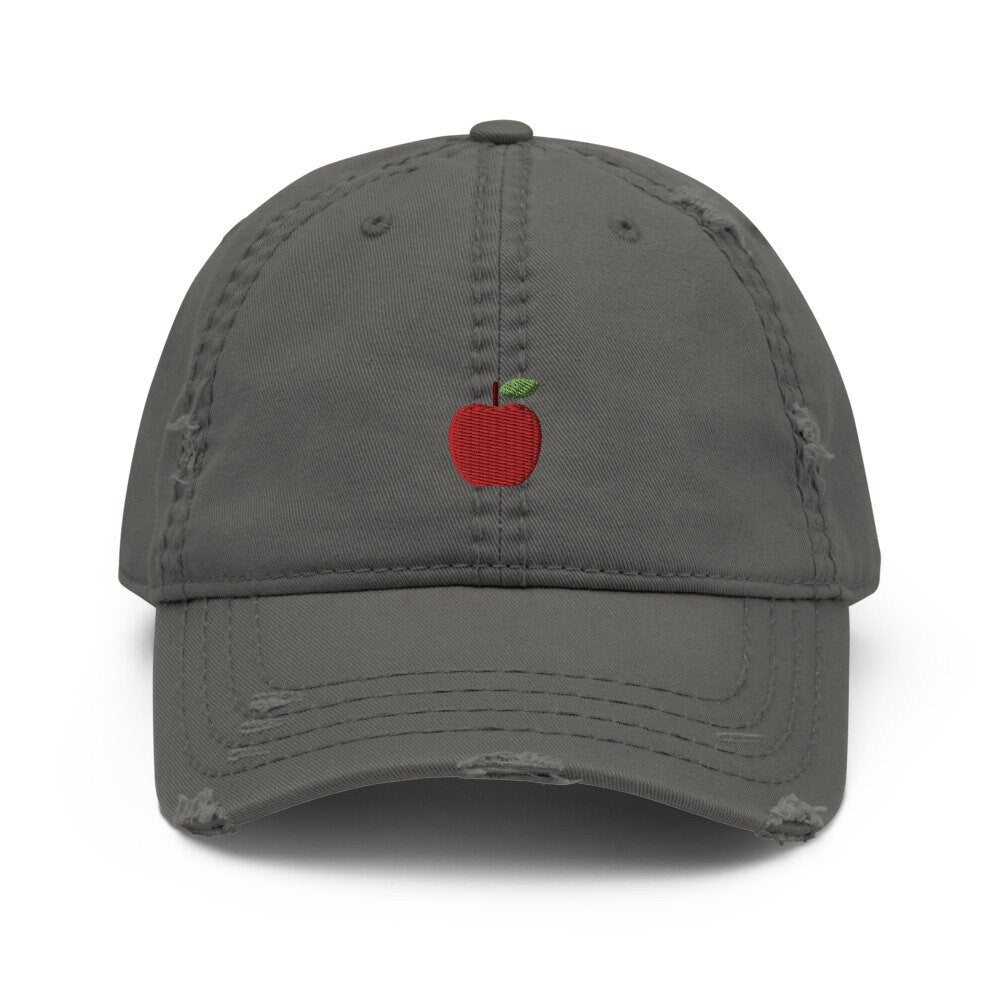 Apple Fruit Embroidered Distressed Embroidered Dad Hat, Frayed Cap Gift