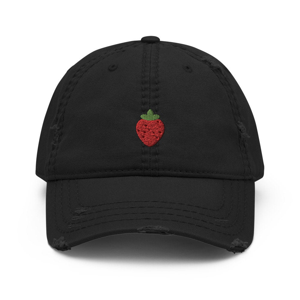 Strawberry Fruit Embroidered Distressed Dad Hat, Frayed Cap Gift