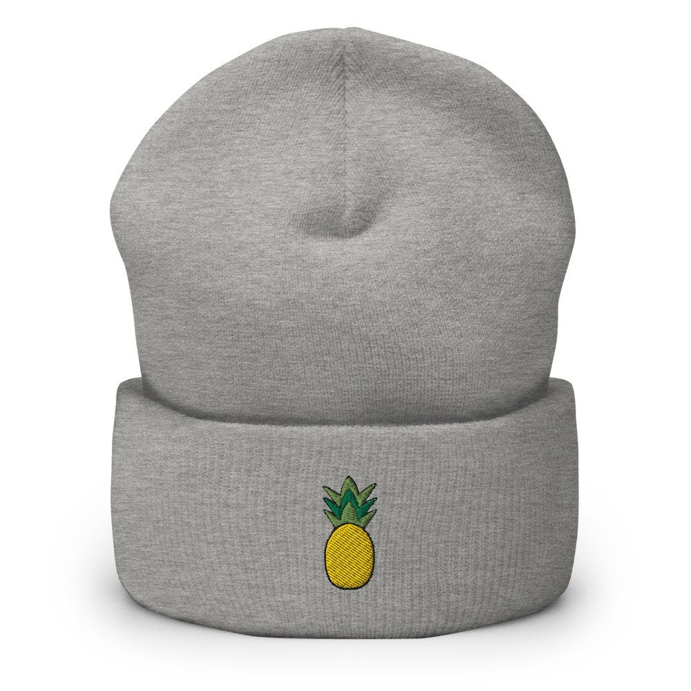 Pineapple Fruit Embroidered Beanie, Handmade Cuffed Knit Unisex Slouchy Adult Winter Hat Cap Gift