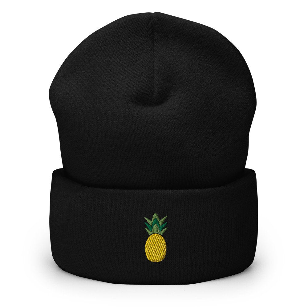 Pineapple Fruit Embroidered Beanie, Handmade Cuffed Knit Unisex Slouchy Adult Winter Hat Cap Gift