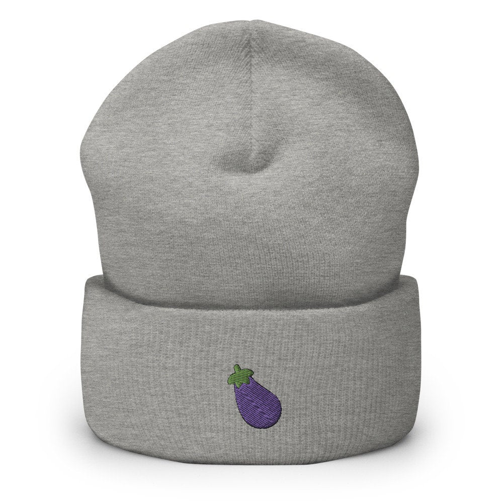 Eggplant Emoji Embroidered Beanie, Handmade Cuffed Knit Unisex Slouchy Adult Winter Hat Cap Gift