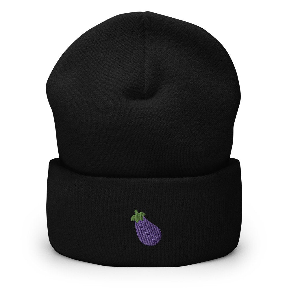 Eggplant Emoji Embroidered Beanie, Handmade Cuffed Knit Unisex Slouchy Adult Winter Hat Cap Gift