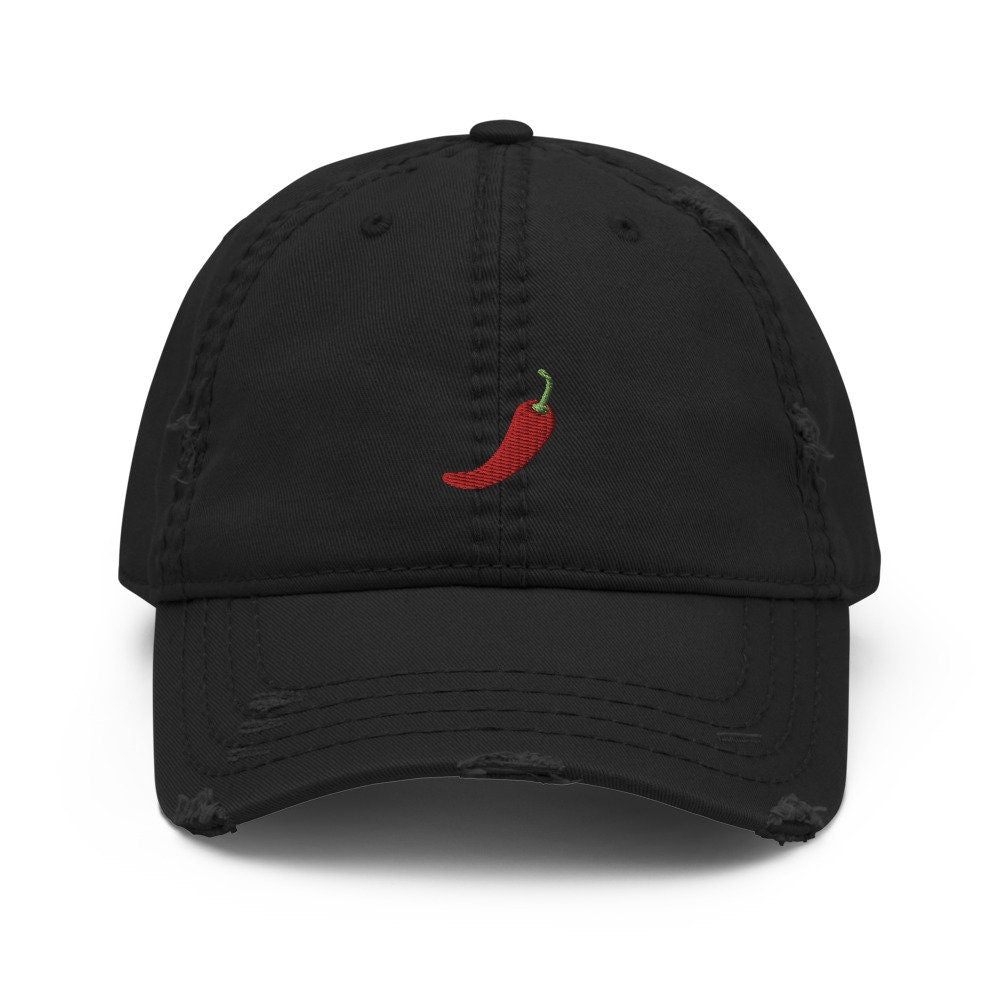 Red Chili Pepper Embroidered Distressed Embroidered Dad Hat, Frayed Cap Gift