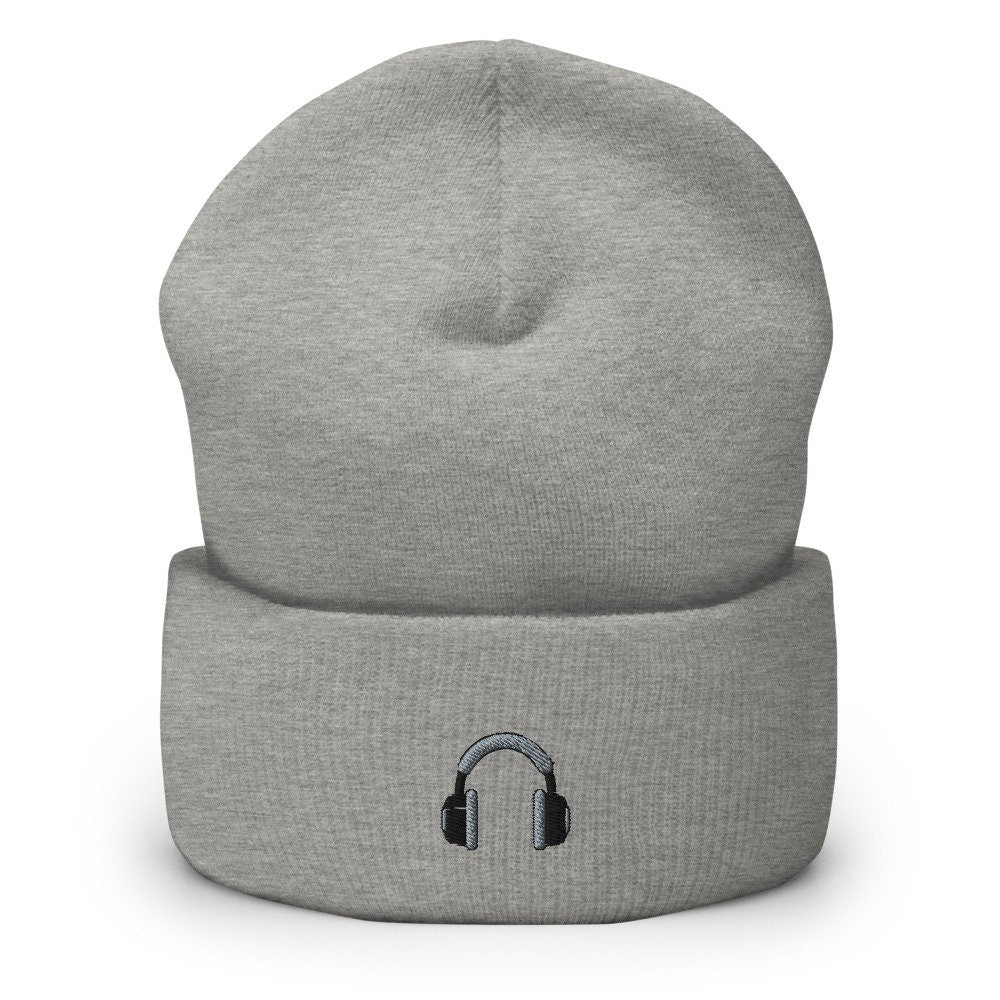 DJ Headphones Embroidered Beanie, Handmade Cuffed Knit Unisex Slouchy Adult Winter Hat Cap Gift