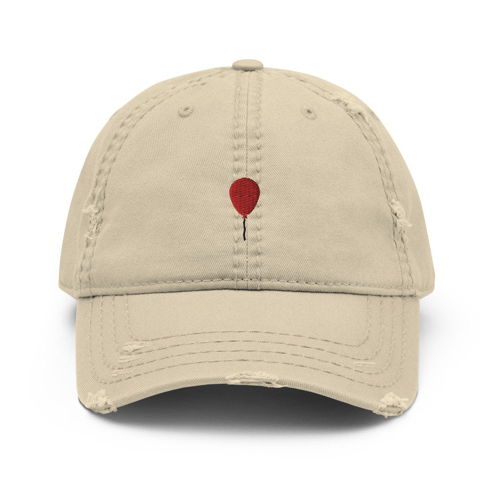 Red Balloon Embroidered Distressed Embroidered Dad Hat, Frayed Cap Gift