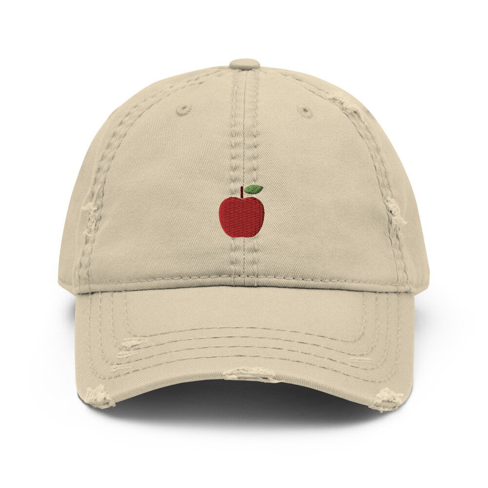 Apple Fruit Embroidered Distressed Embroidered Dad Hat, Frayed Cap Gift