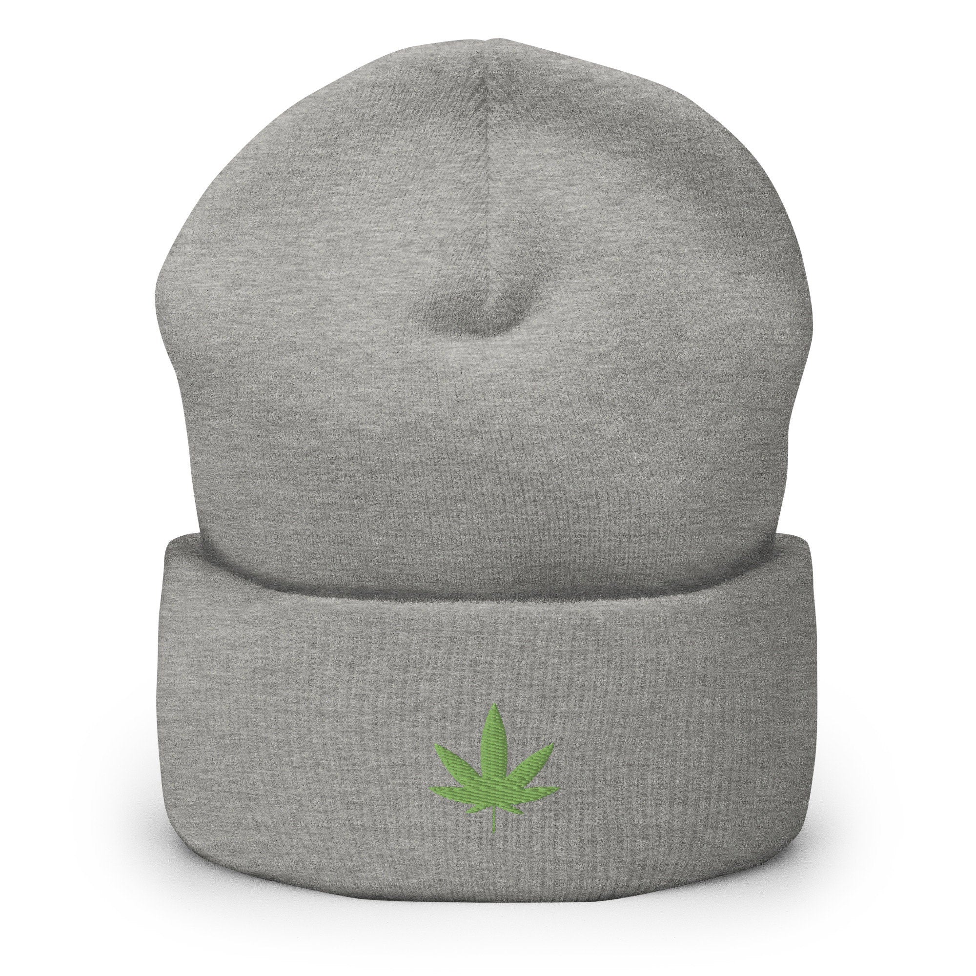 Marijuana Pot Leaf Embroidered Beanie, Handmade Cuffed Knit Unisex Slouchy Adult Winter Hat Cap Gift