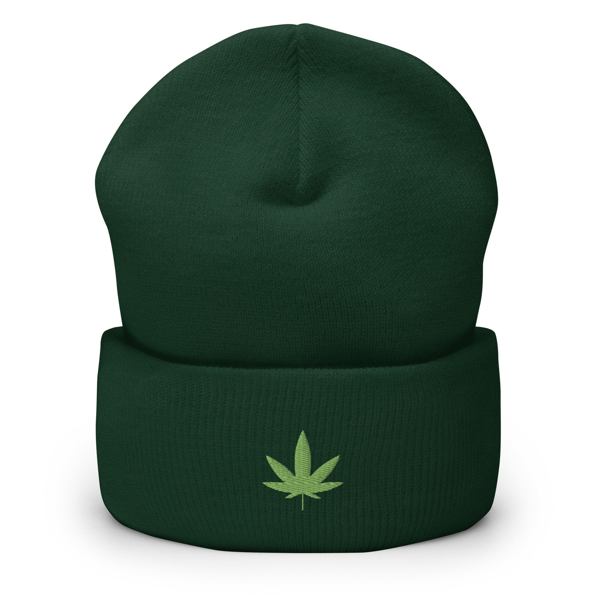 Marijuana Pot Leaf Embroidered Beanie, Handmade Cuffed Knit Unisex Slouchy Adult Winter Hat Cap Gift