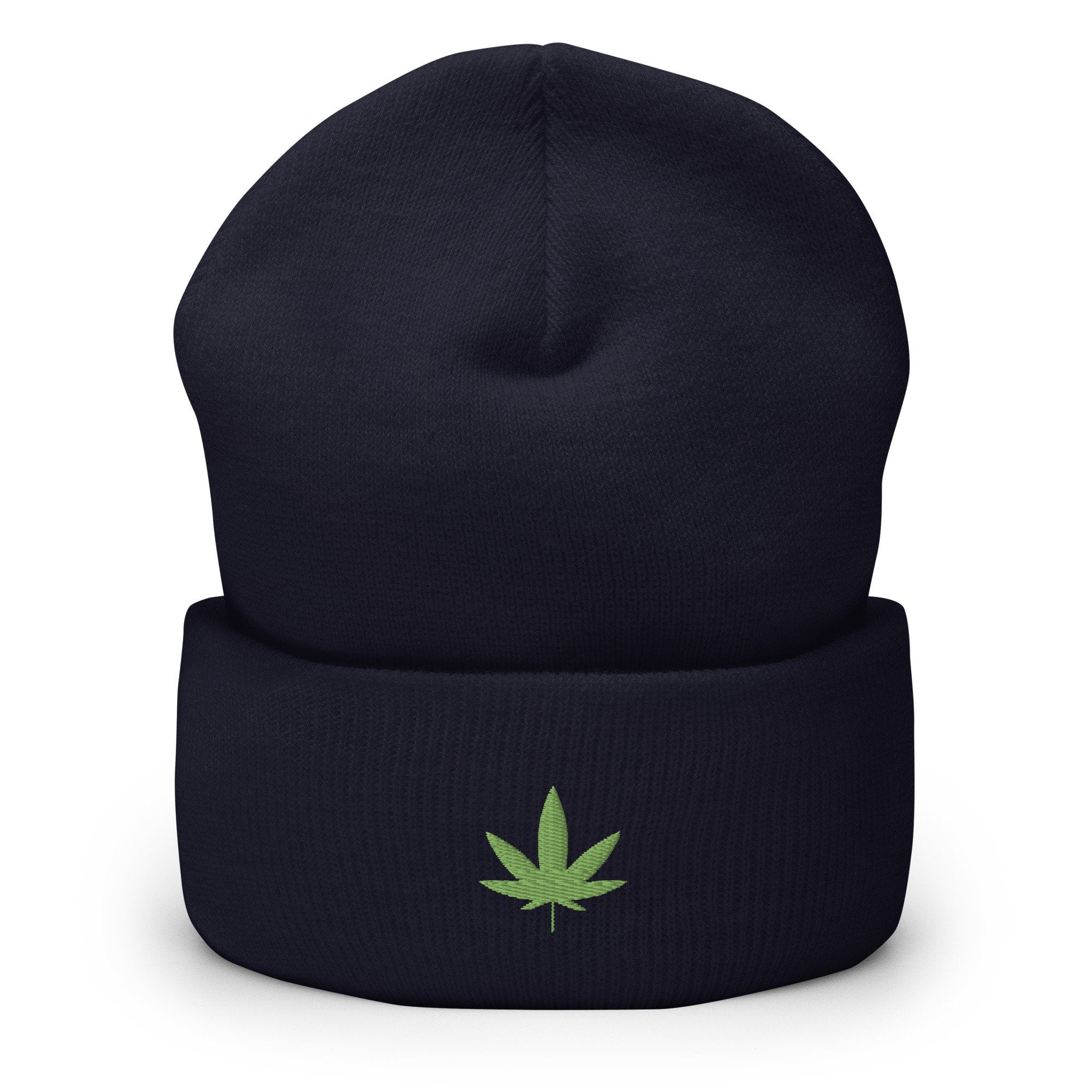 Marijuana Pot Leaf Embroidered Beanie, Handmade Cuffed Knit Unisex Slouchy Adult Winter Hat Cap Gift