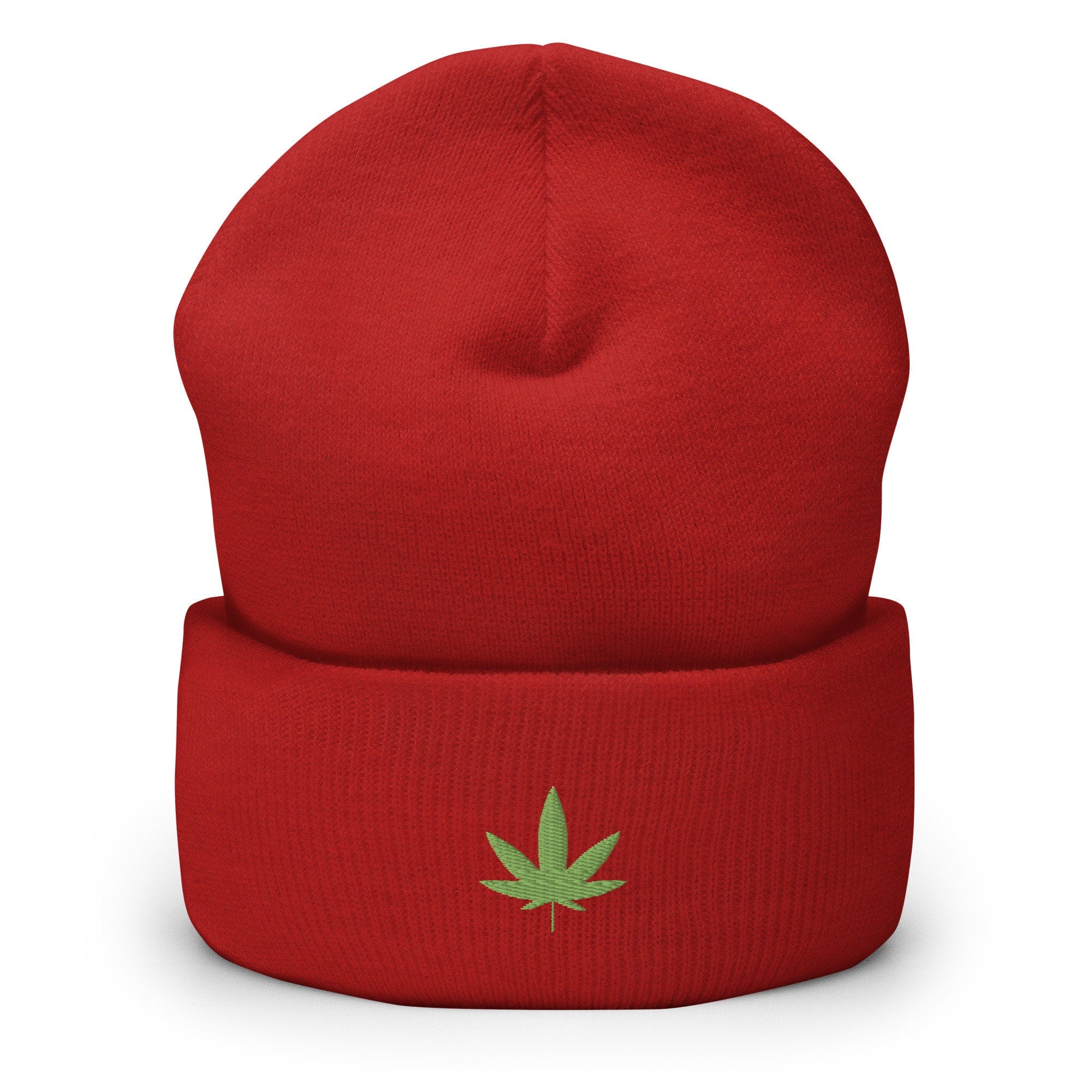 Marijuana Pot Leaf Embroidered Beanie, Handmade Cuffed Knit Unisex Slouchy Adult Winter Hat Cap Gift