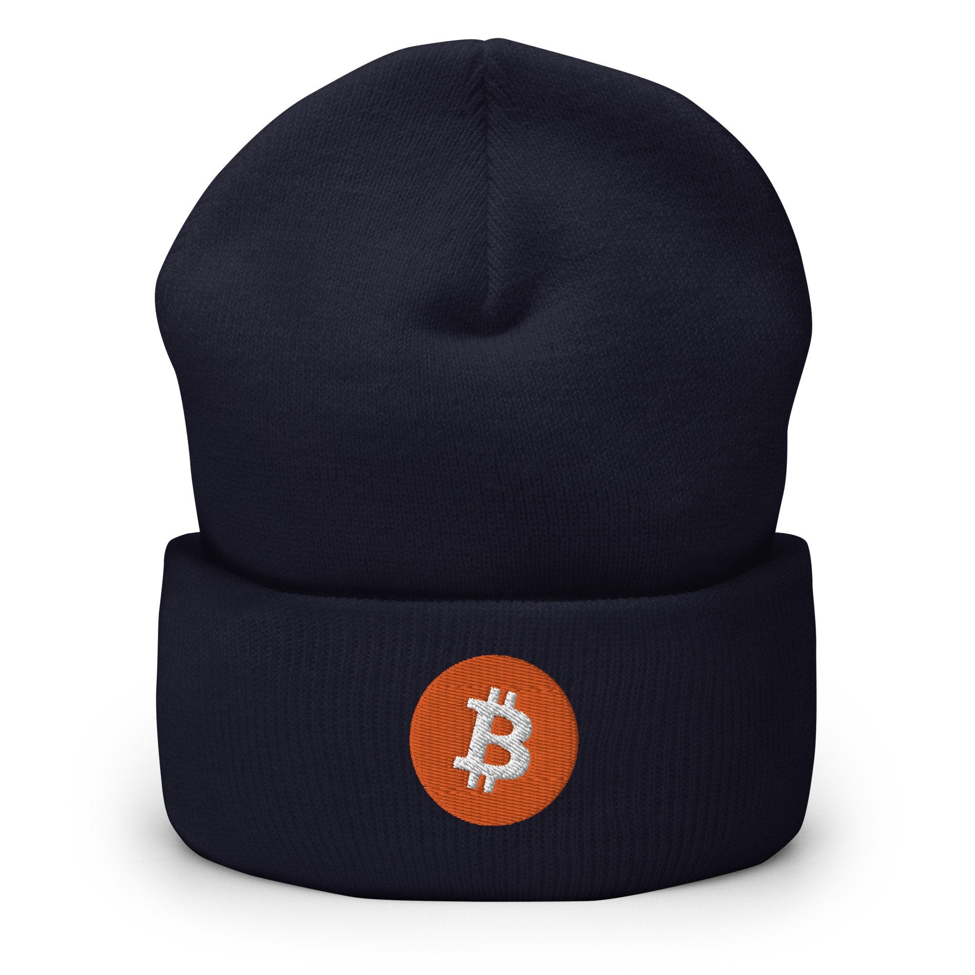 Bitcoin Cryptocurrency Blockchain Icon Embroidered Beanie, Handmade Cuffed Knit Unisex Slouchy Adult Winter Hat Cap Gift