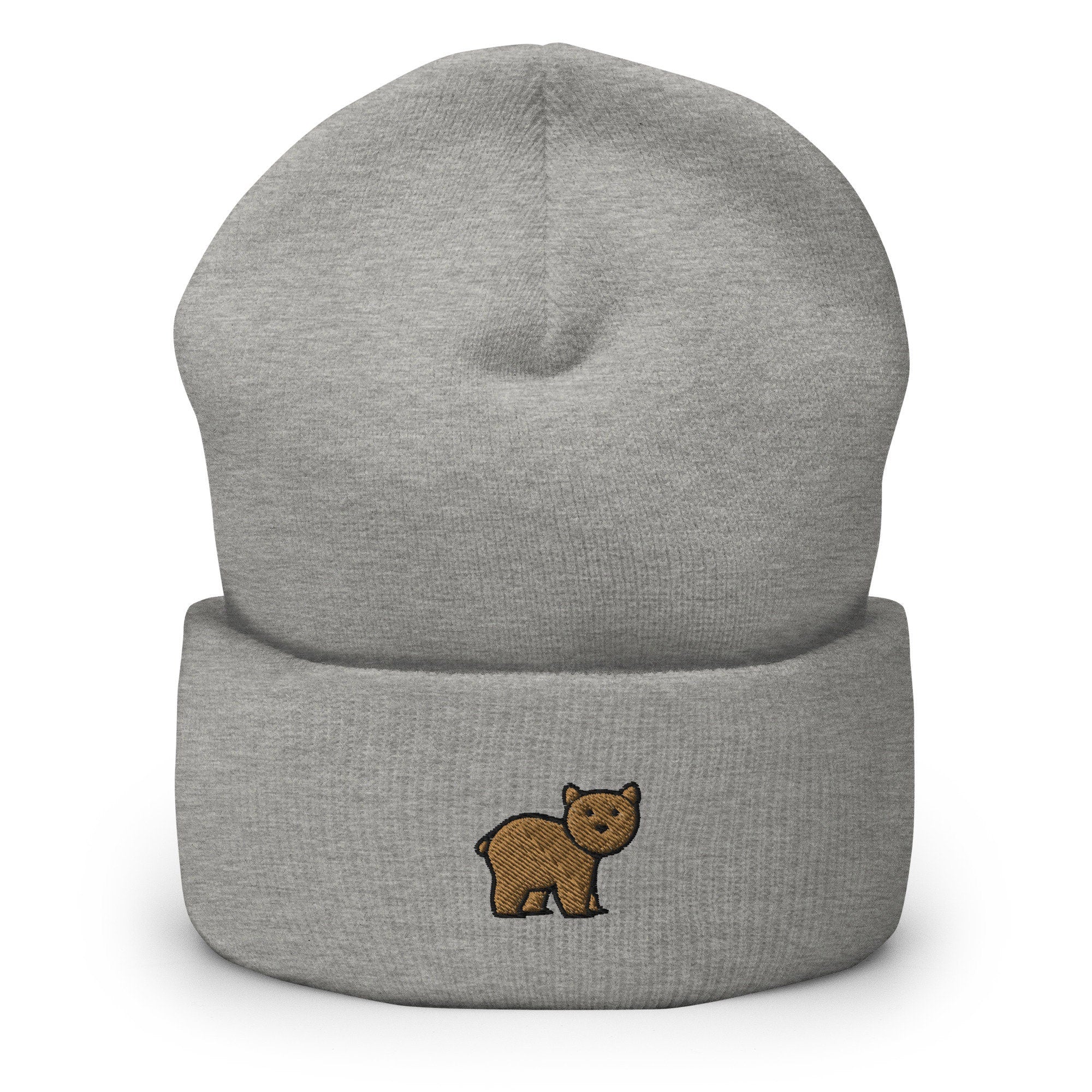 Brown Bear Embroidered Beanie, Handmade Cuffed Knit Unisex Slouchy Adult Winter Hat Cap Gift