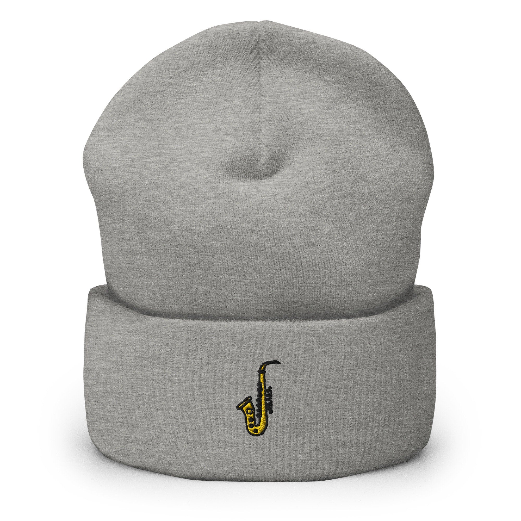 Saxophone Embroidered Beanie, Handmade Cuffed Knit Unisex Slouchy Adult Winter Hat Cap Gift