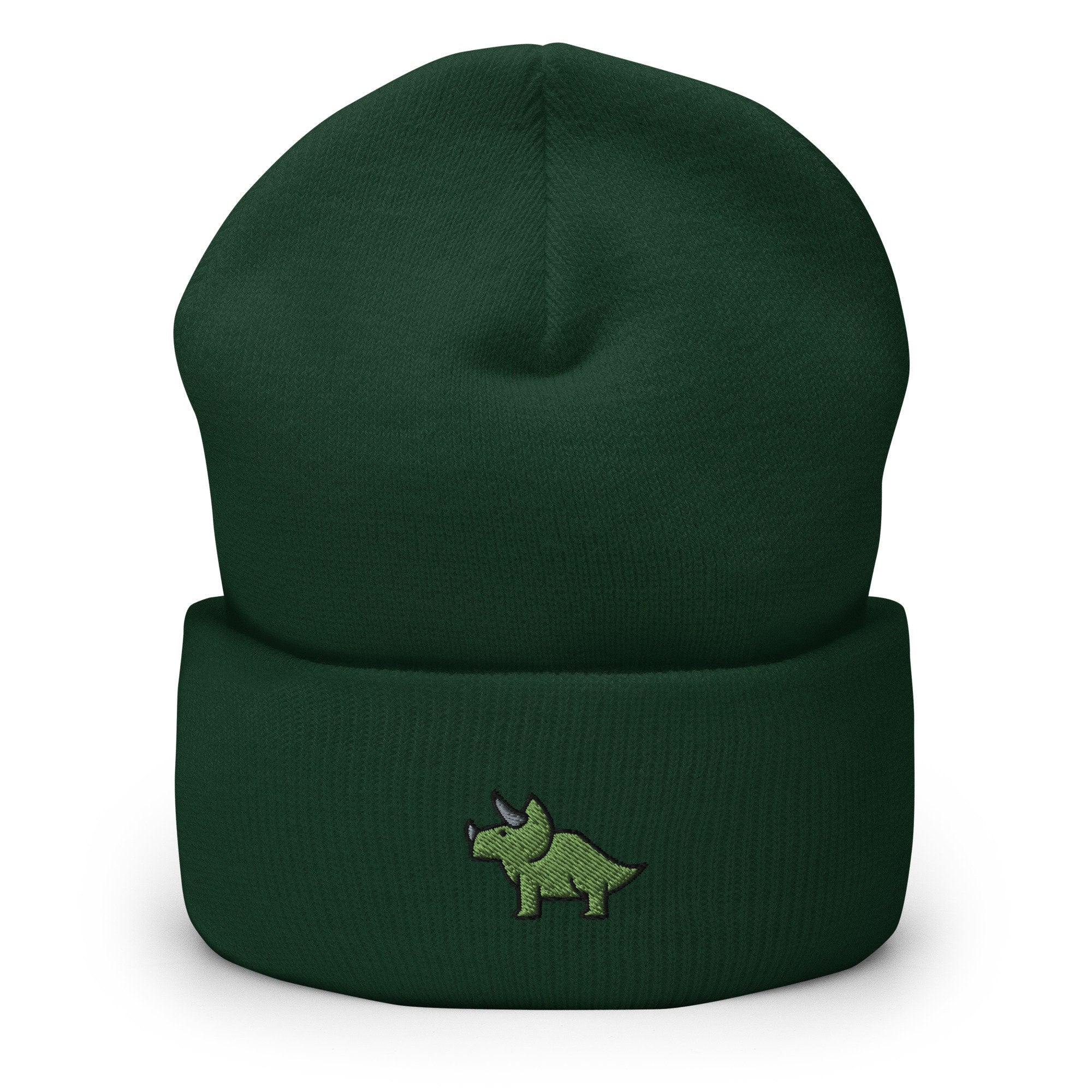 Triceratops Dinosaur Embroidered Beanie, Handmade Cuffed Knit Unisex Slouchy Adult Winter Hat Cap Gift